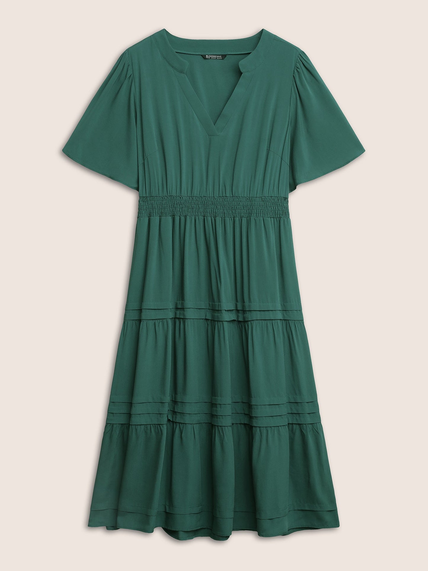 Plain Shirred Notched Pocket Pleated Dress
