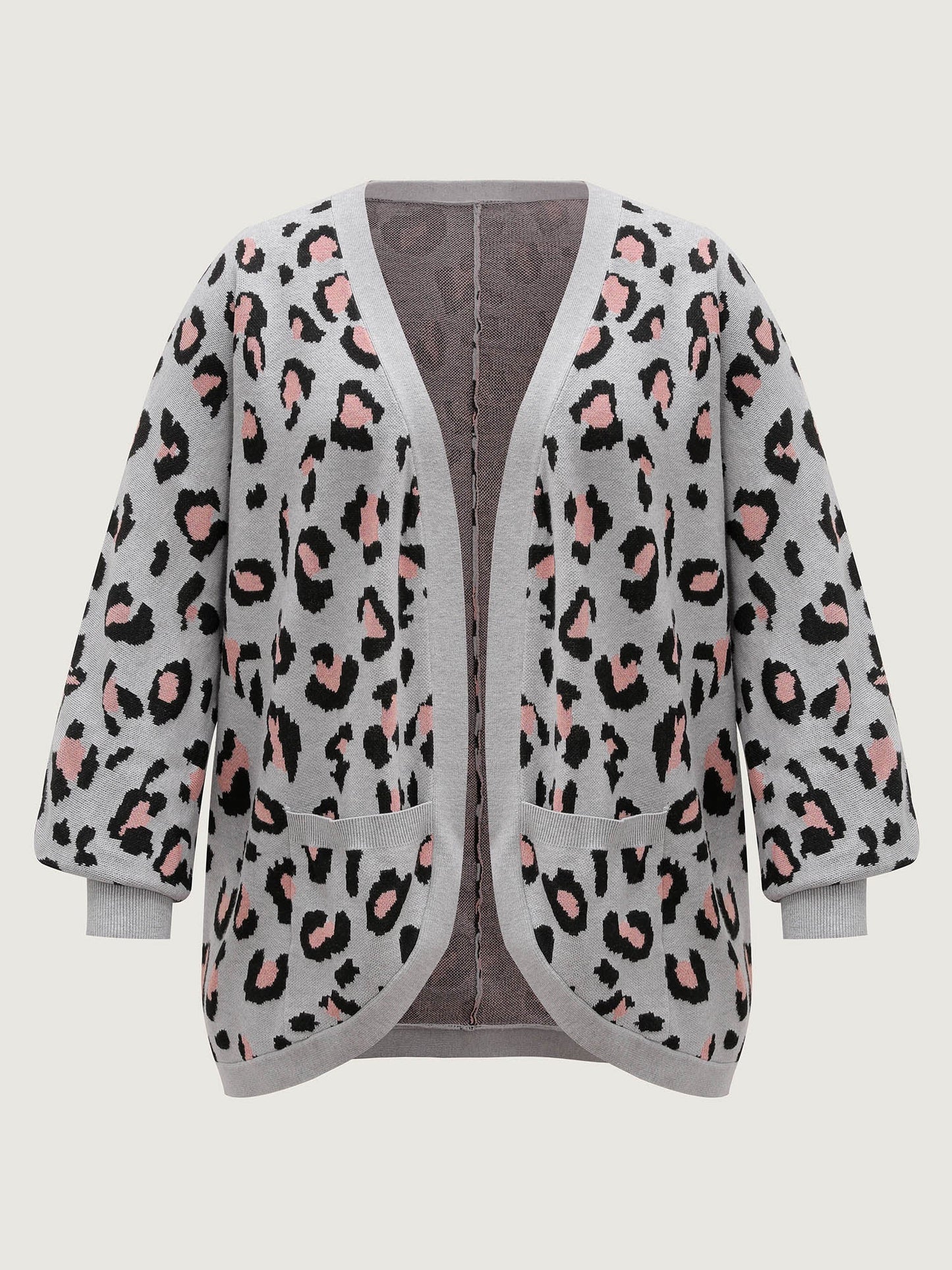 Leopard Print Arc Hem Pockets Knit Cardigan