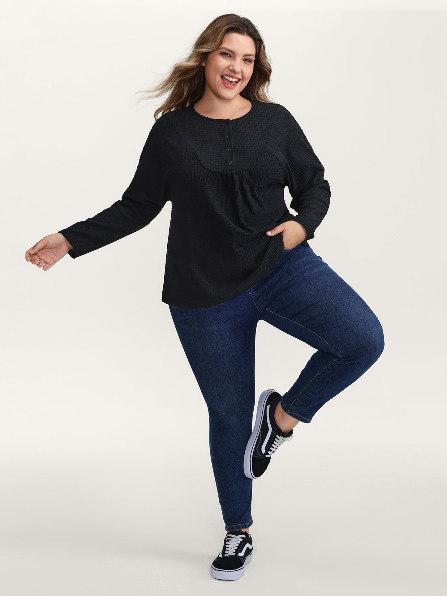 Textured Button Placket Knit Top
