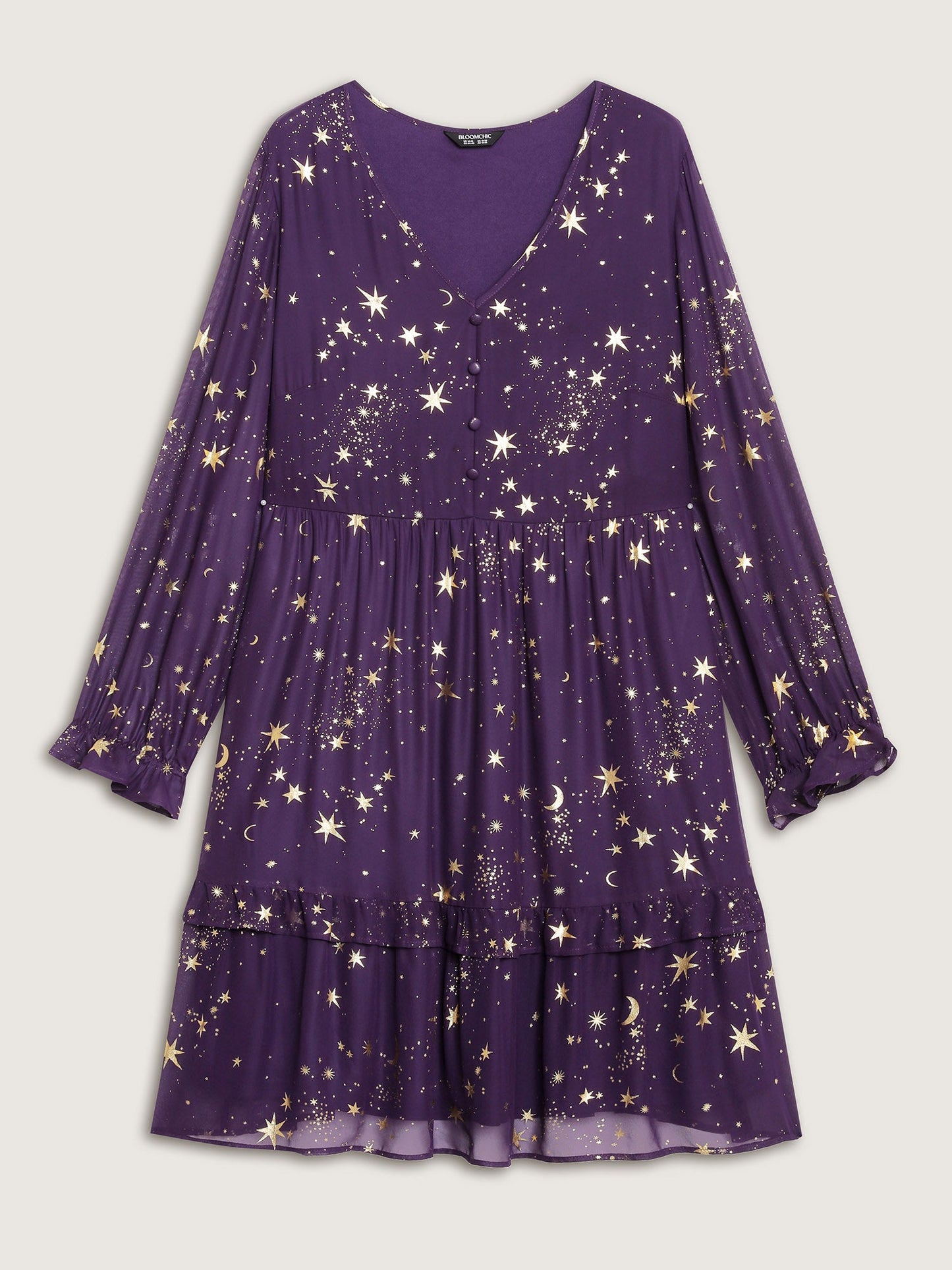 Gold Stamp Lantern Sleeve Ruffled Midi Dress