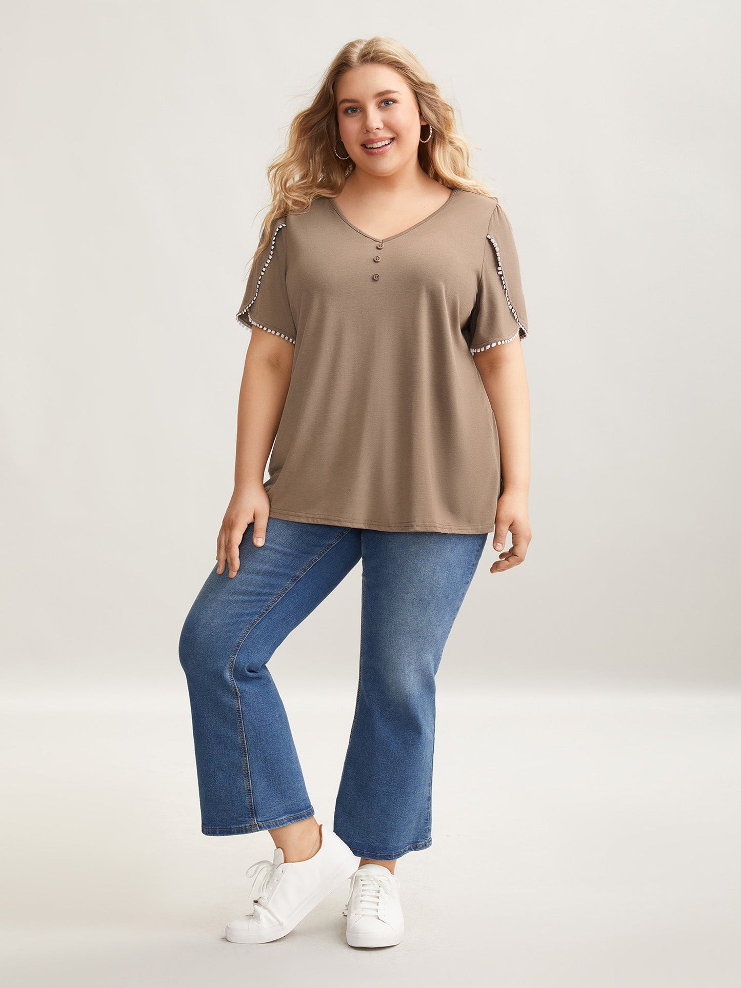 Petal Sleeve Lace Button Solid T-Shirt