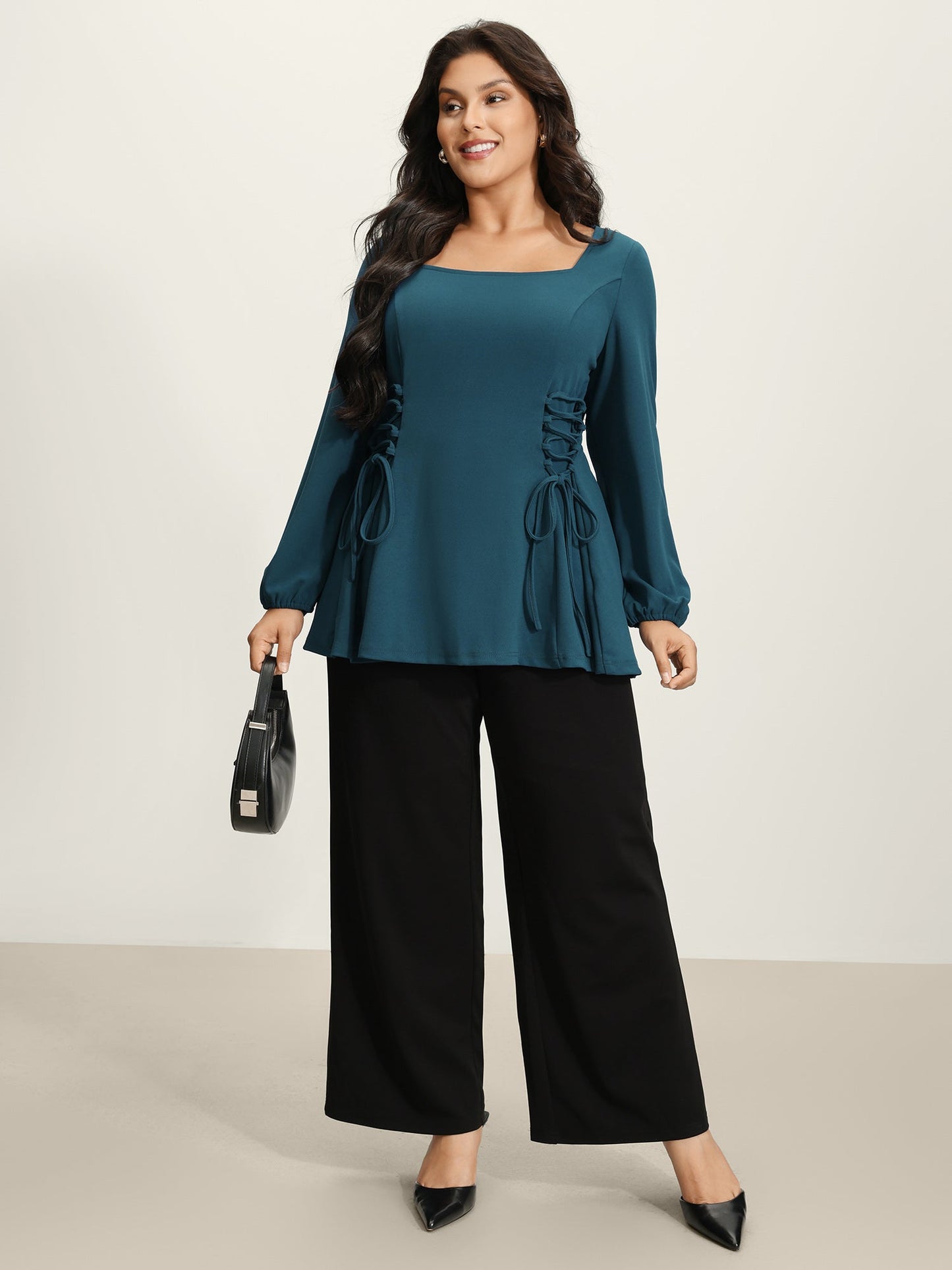 Cinched-Waist Cross-Tie Stretchy Blouse