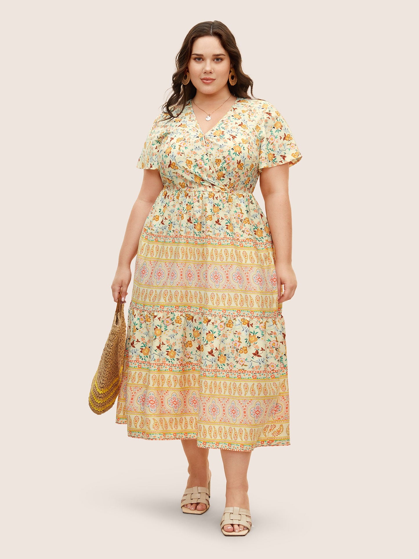 Overlap Collar Boho Print Ruffle Sleeve Dress