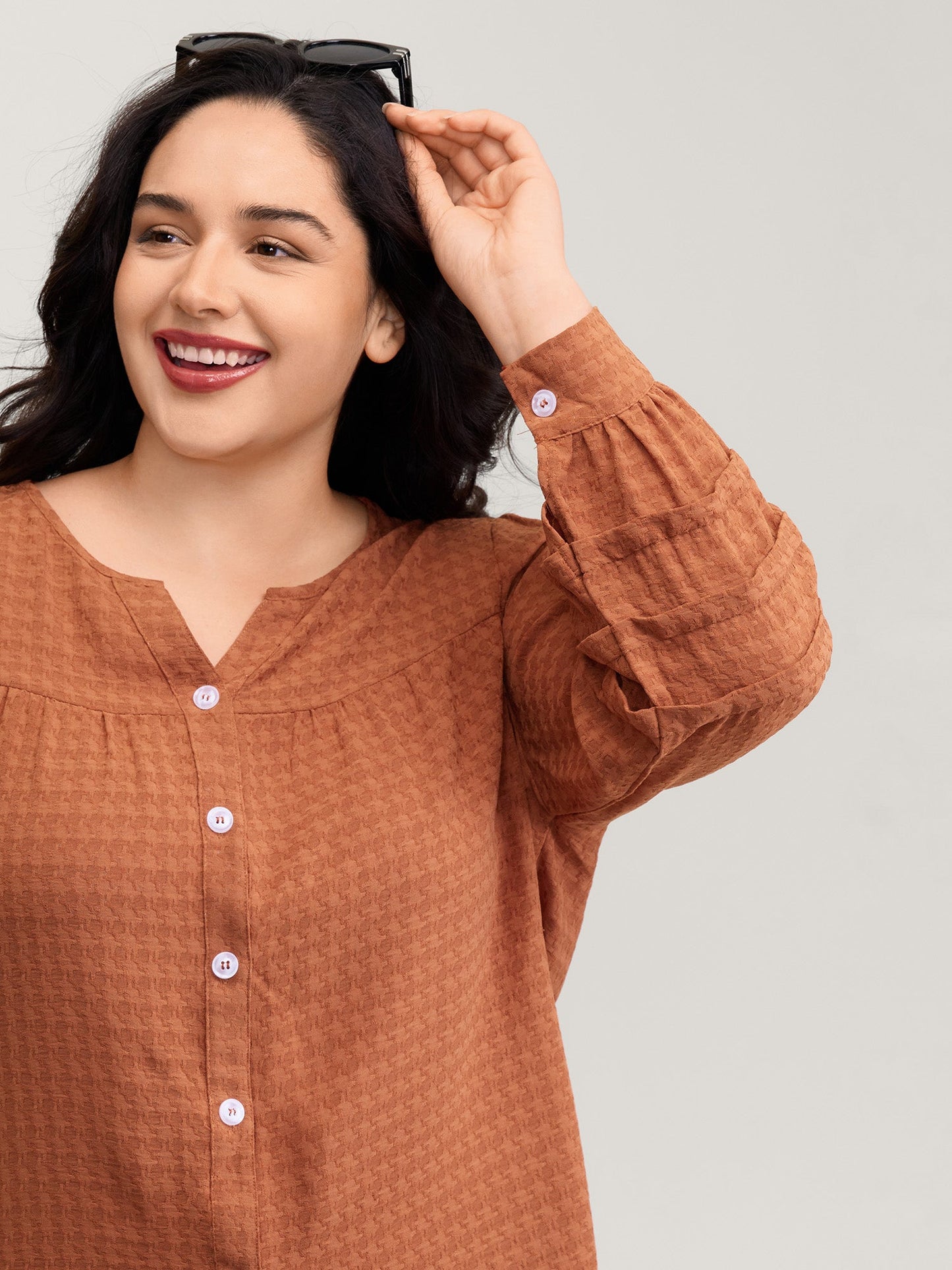 Textured Button Detail Pleated Button-Down Shirt