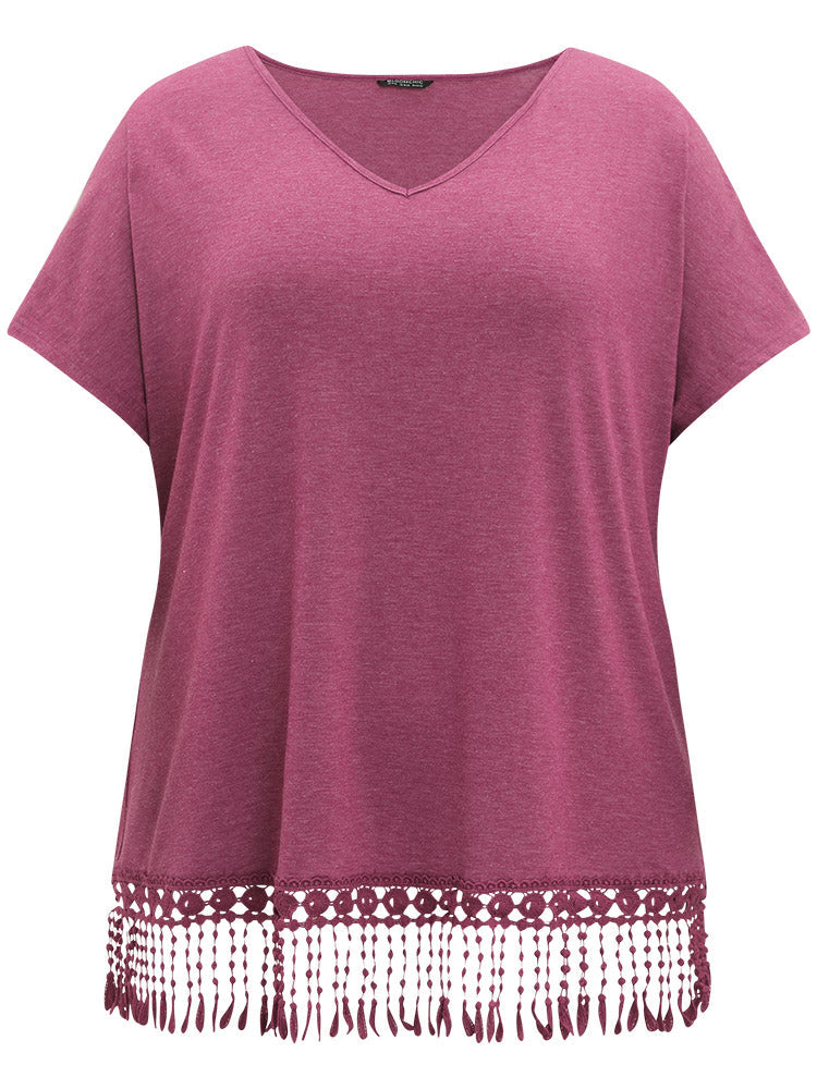 Plain Fringe Trim Batwing Sleeve T-shirt