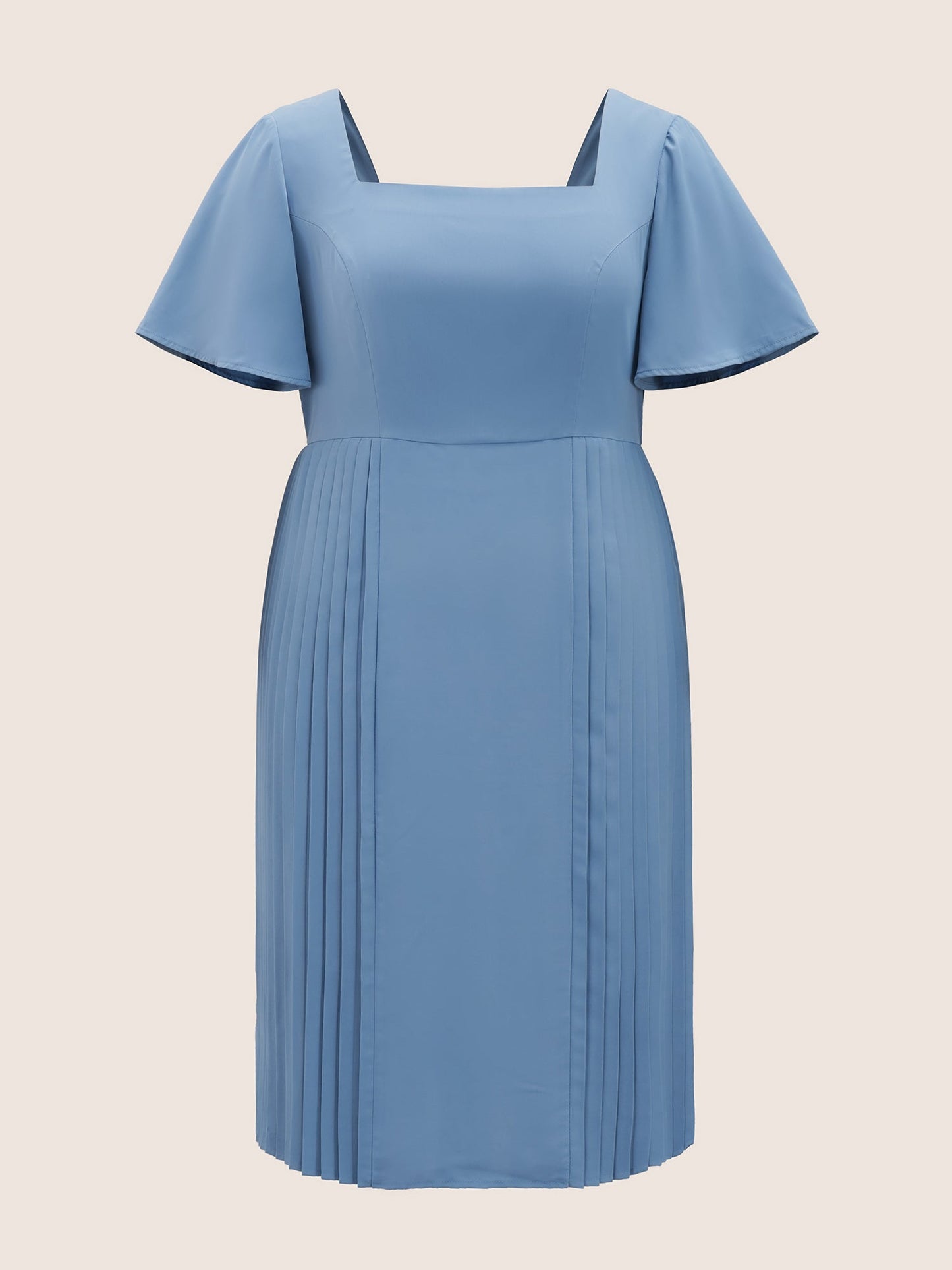 Square Neck Plain Pleated Ruffle Sleeve Dress