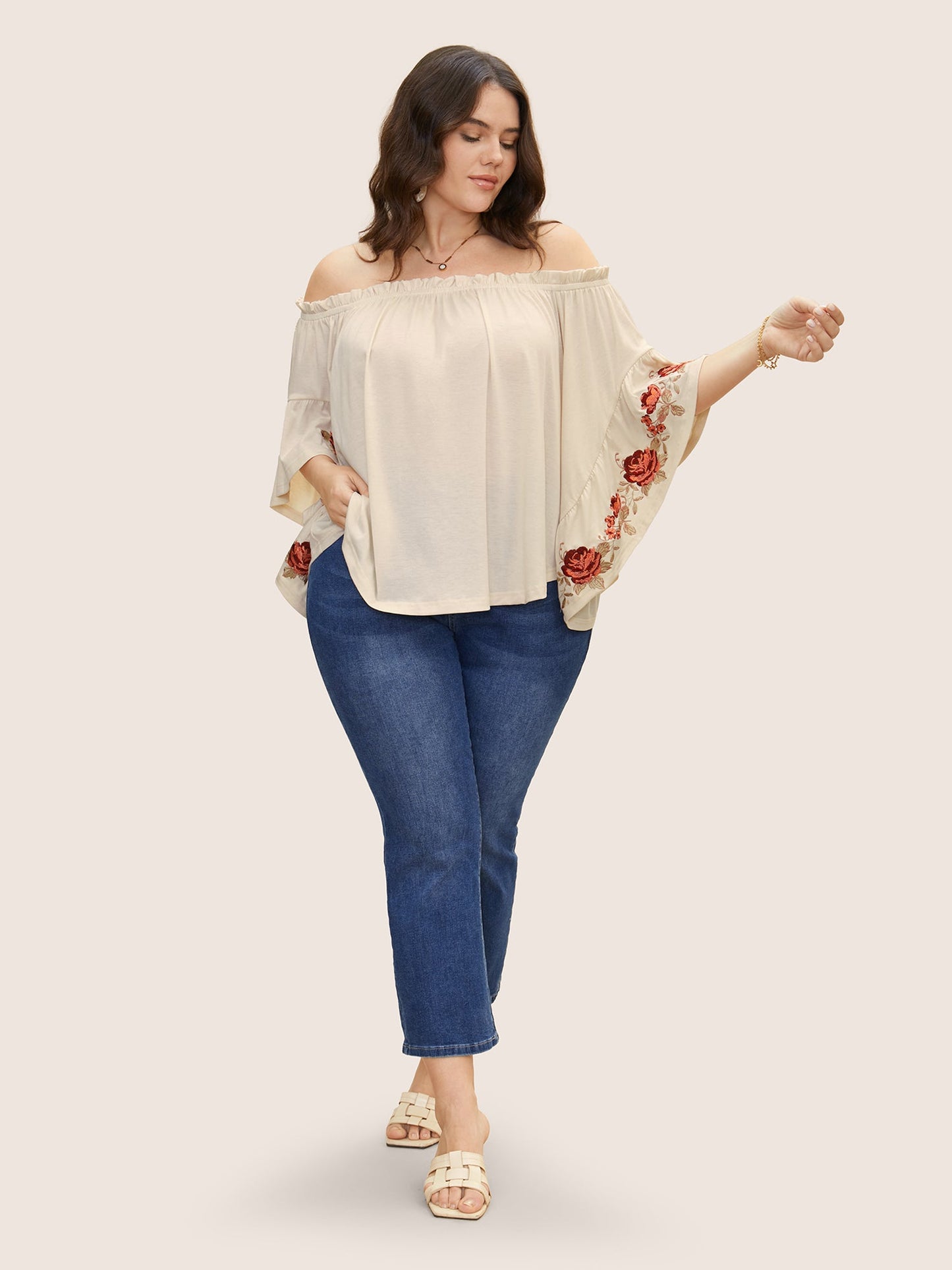 Off Shoulder Floral Embroidered Ruffle Sleeve T-shirt