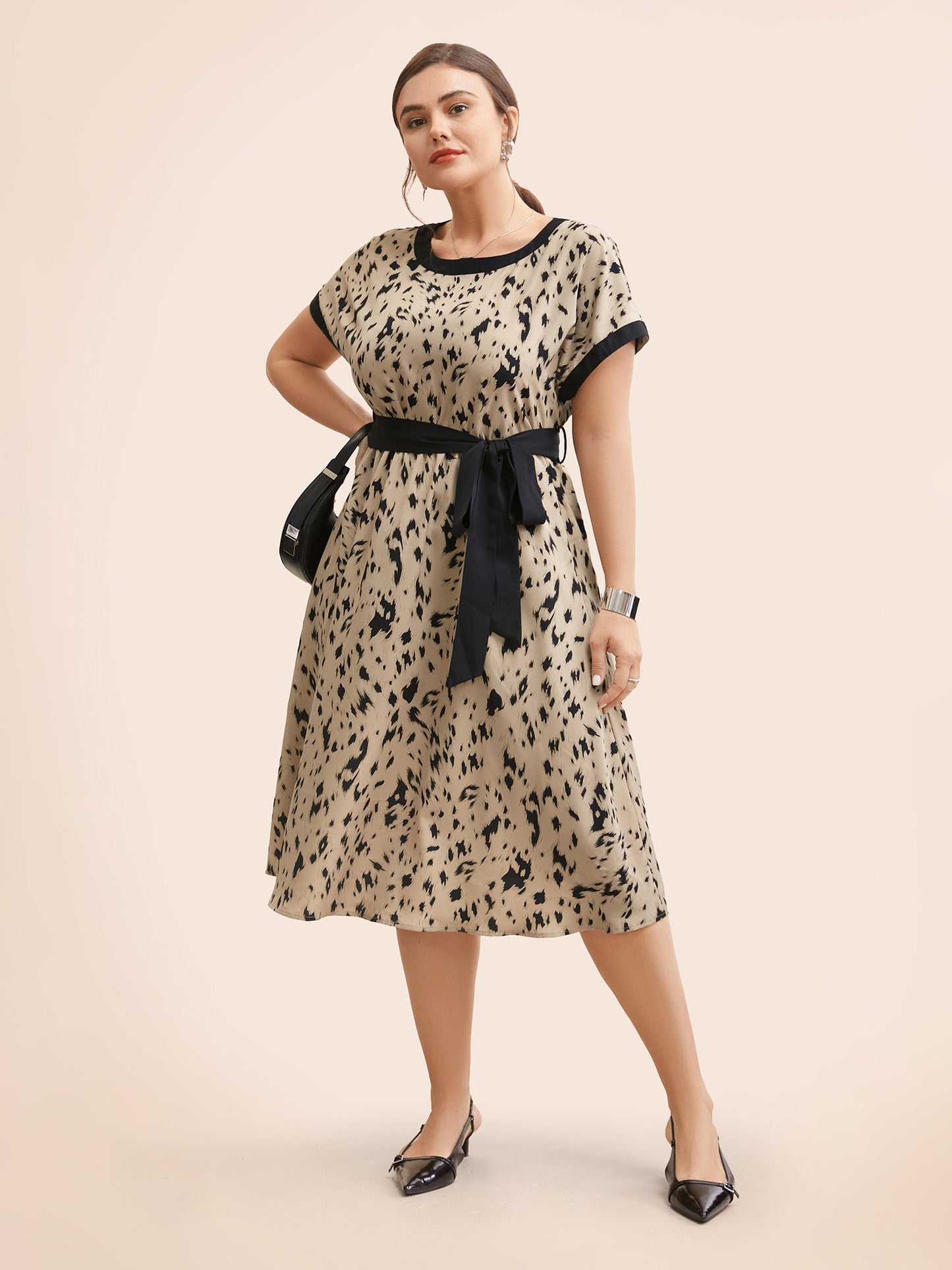 Leopard Print Contrast Trim Dolman Sleeve Dress