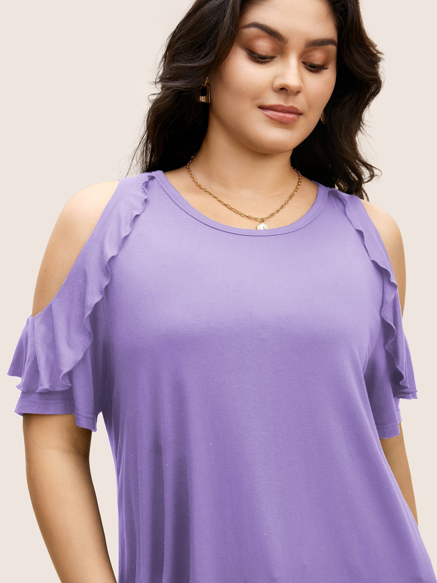 Solid Cold Shoulder Ruffle Trim T-shirt