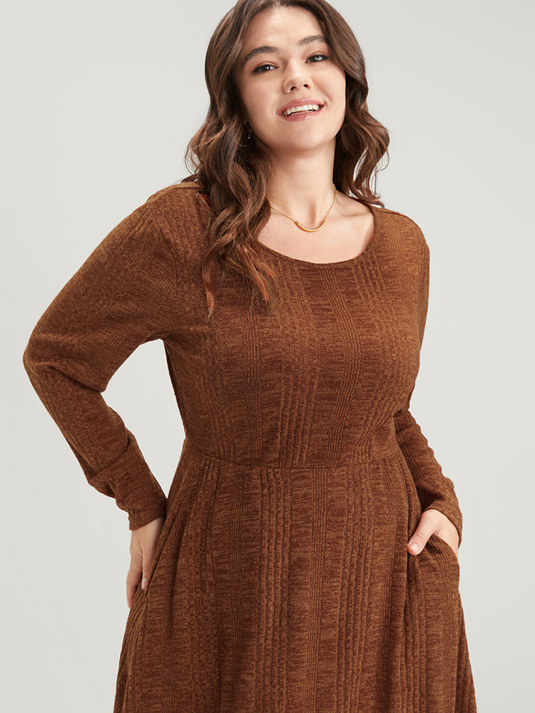 Solid Round Neck Pocket Rib Knit Dress Without Belt