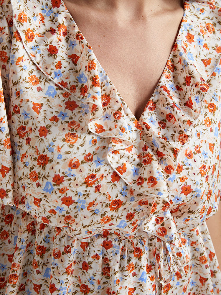 Ditsy Floral V Neck Ruffle Tie Front Blouse