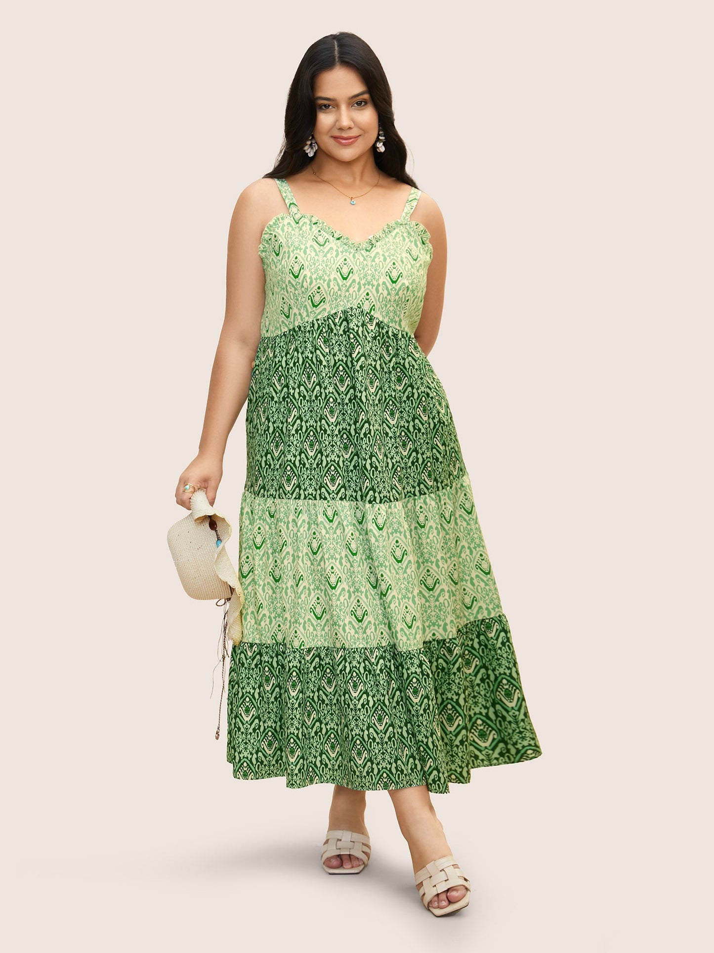 Boho Print Frill Trim Ruffle Layered Hem Dress