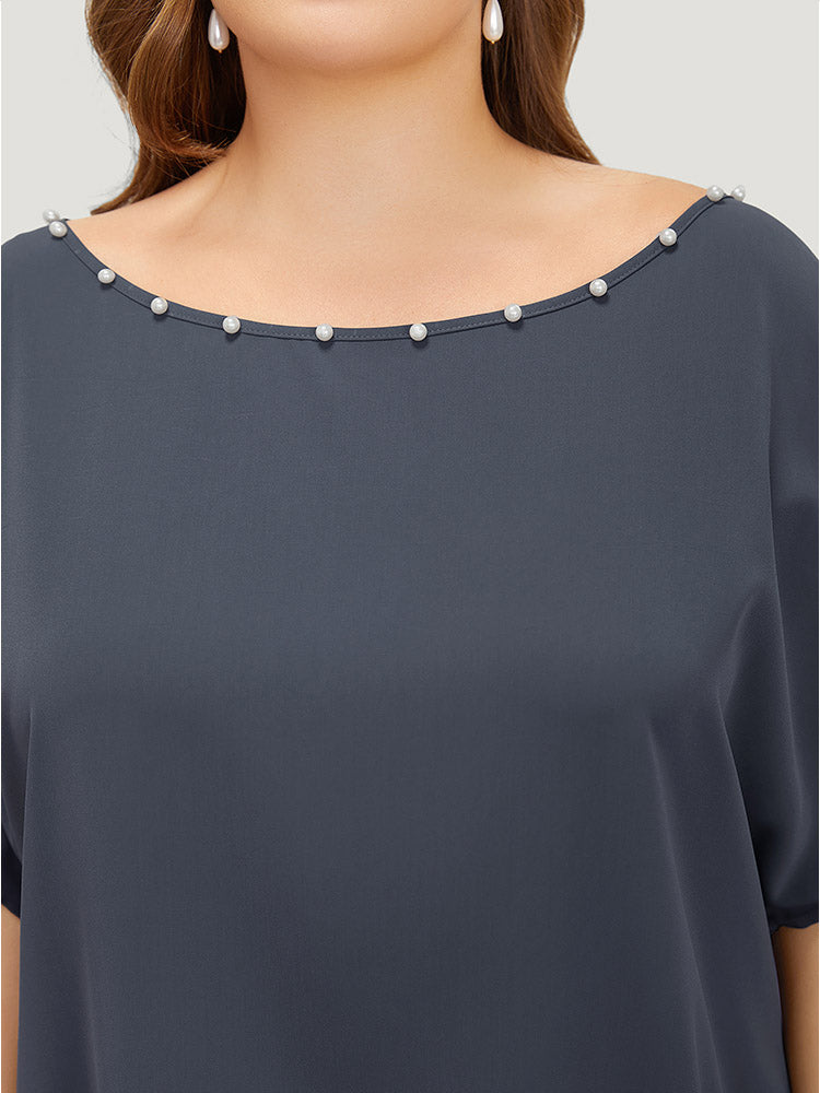 Solid Pearl Beaded Ruched Sleeve Blouse