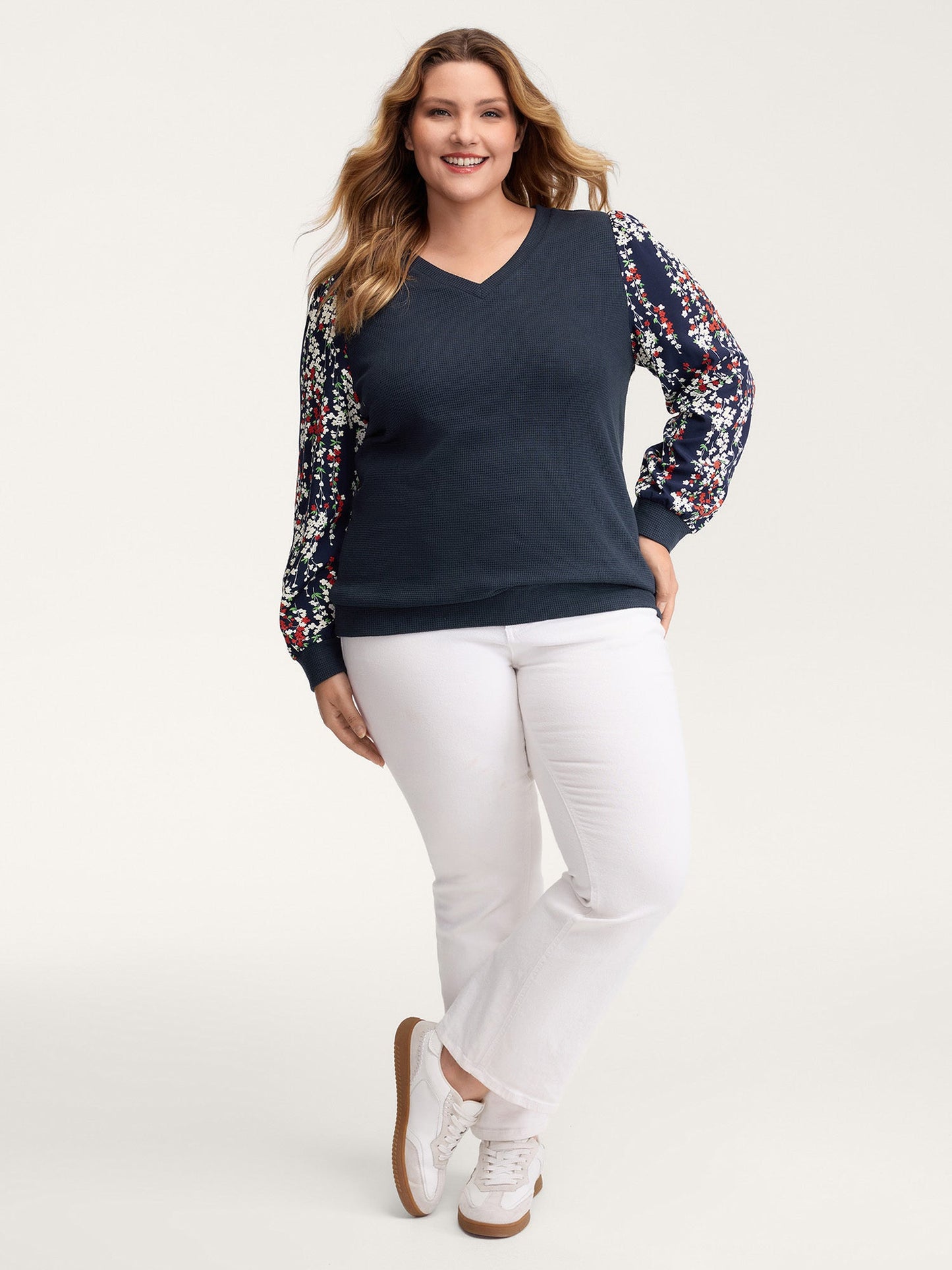 Textured Floral Sleeve V-Neck Sweatshirt