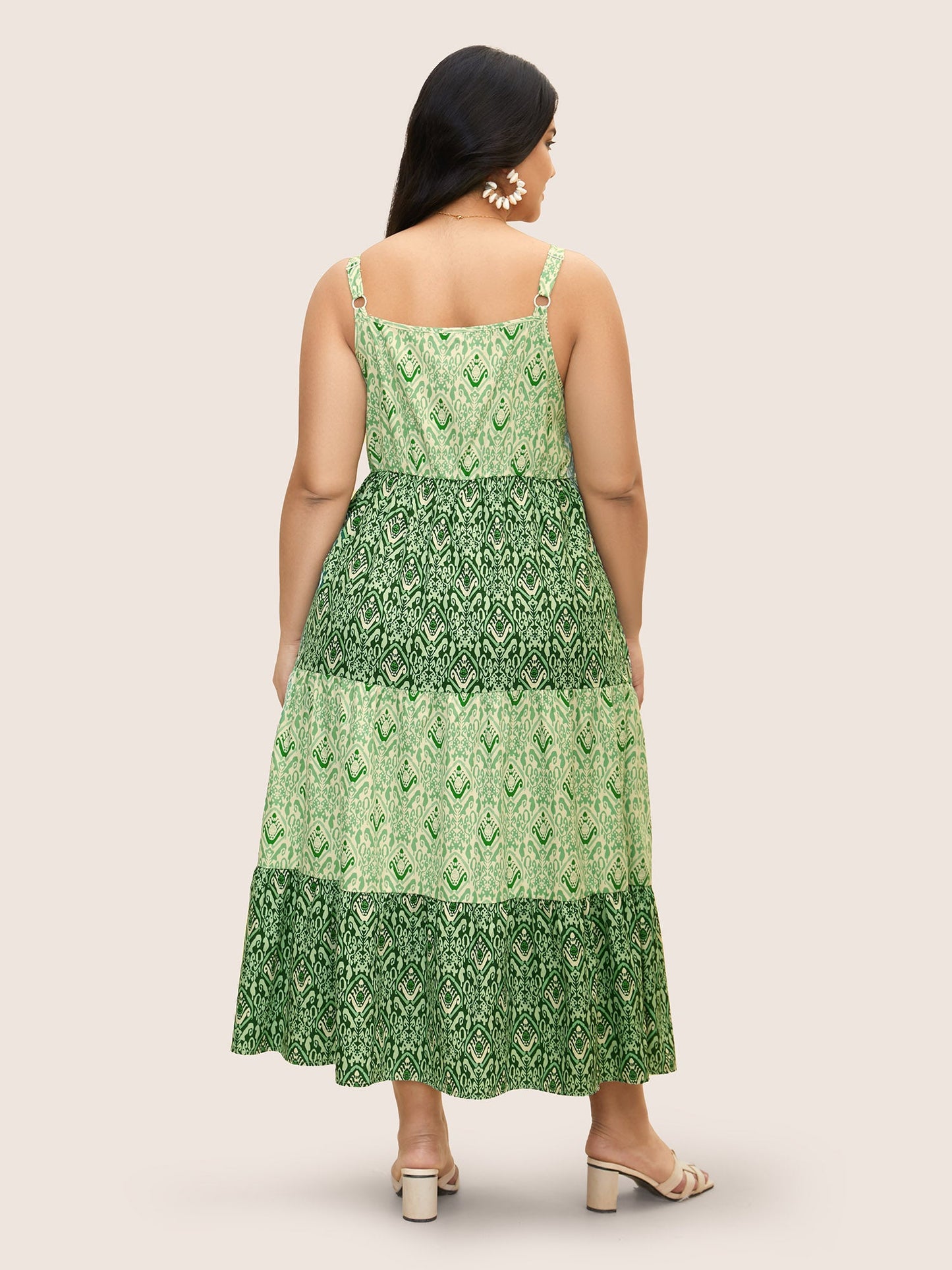 Boho Print Frill Trim Ruffle Layered Hem Dress