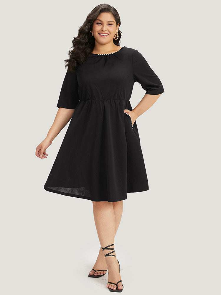 Plain Pocket Pearl Beaded Detail Gathered Dress