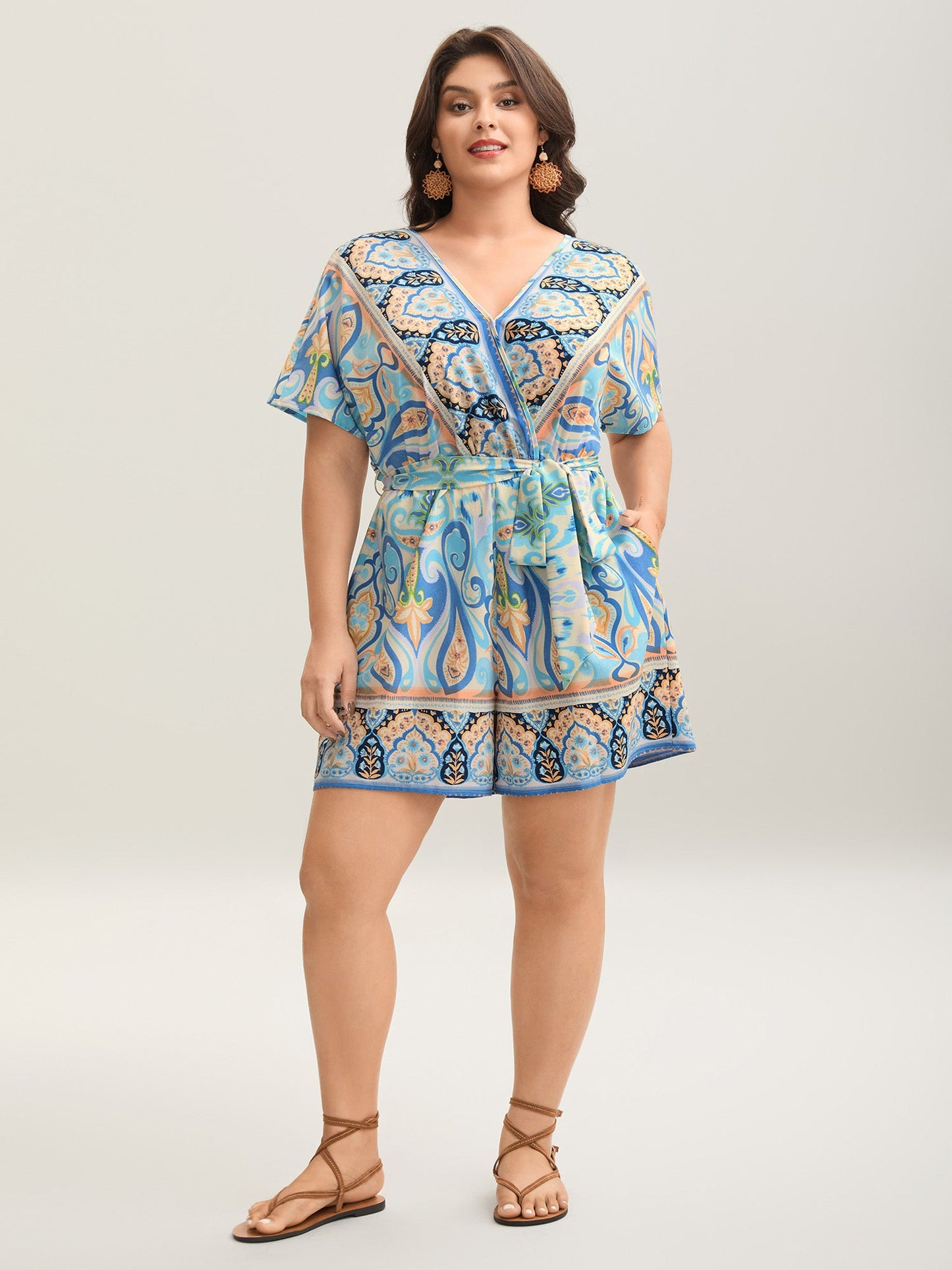 Boho Print Tie-Waist Pockets Romper