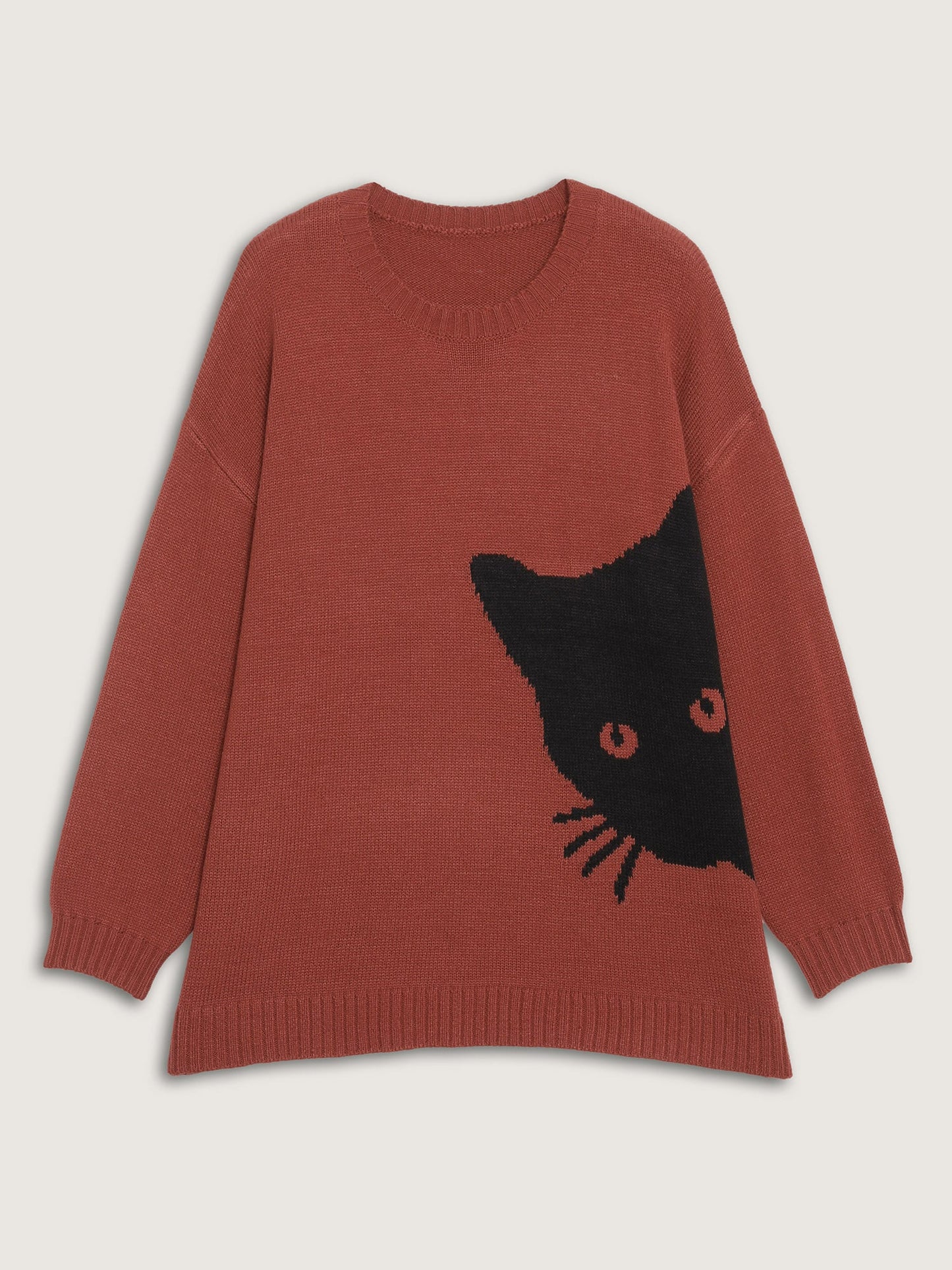 Night Cat Print Crew Neck Pullover
