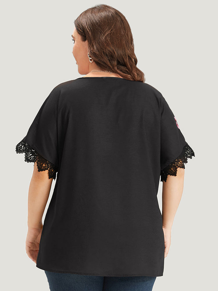 Floral Print Patchwork Lace Trim Gathered Blouse