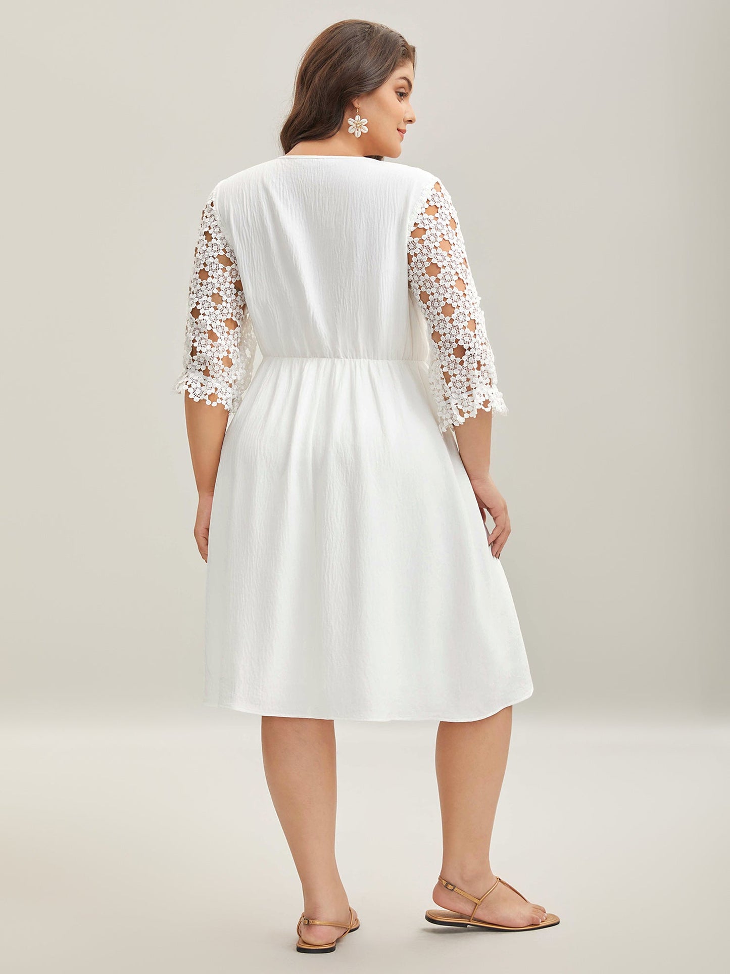 Sheer Lace Sleeve Pockets Flowy Midi Dress