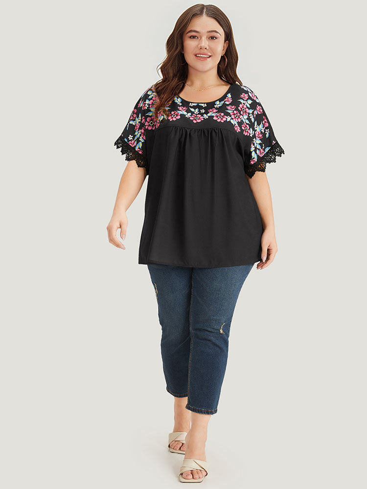 Floral Print Patchwork Lace Trim Gathered Blouse