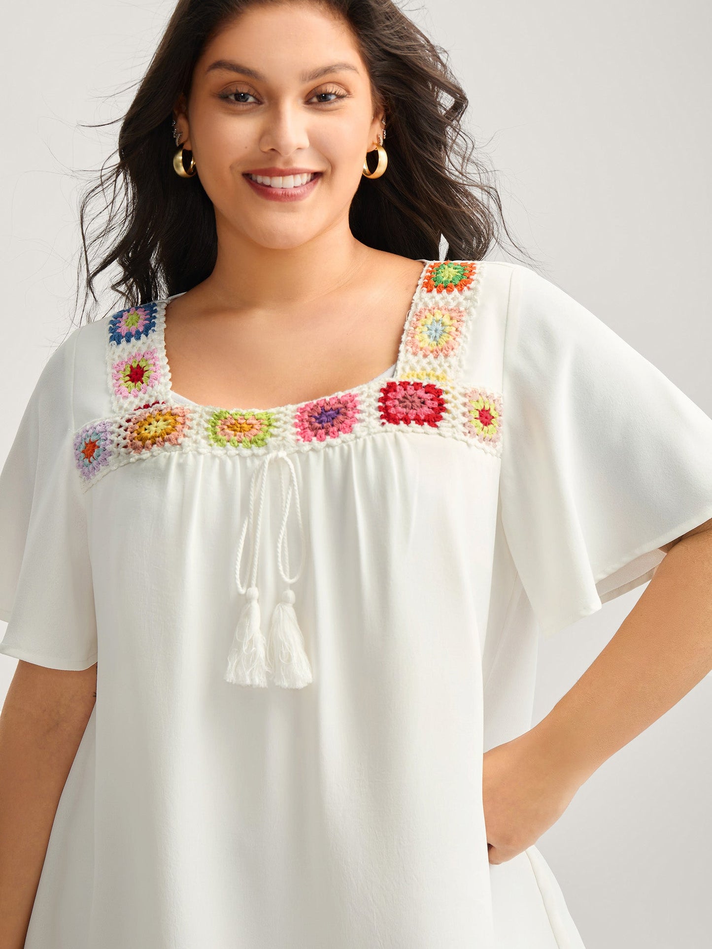 Colorful Crochet Floral Tie Blouse