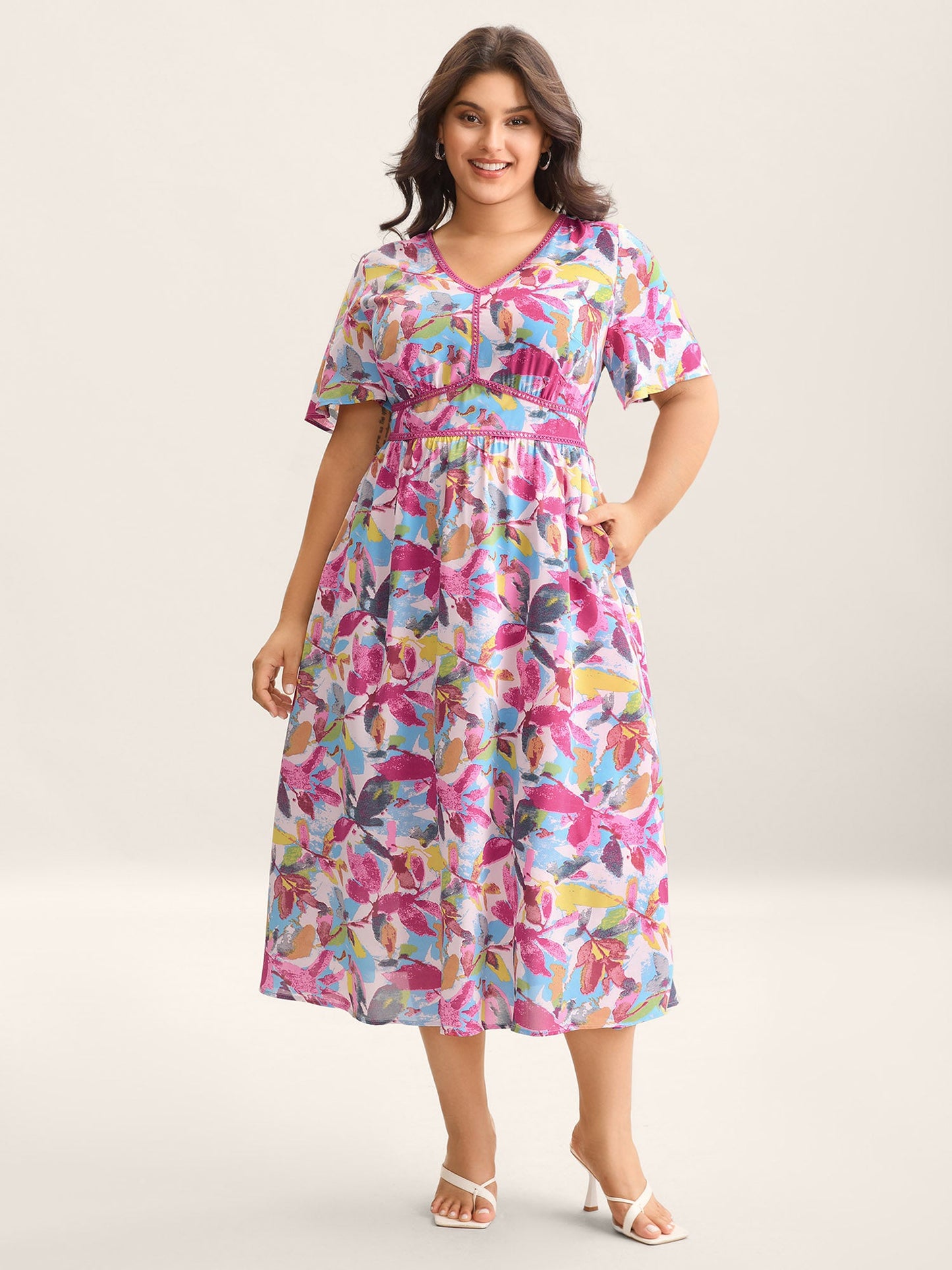 Large Flower Print Cinched-Waist Midi Dress