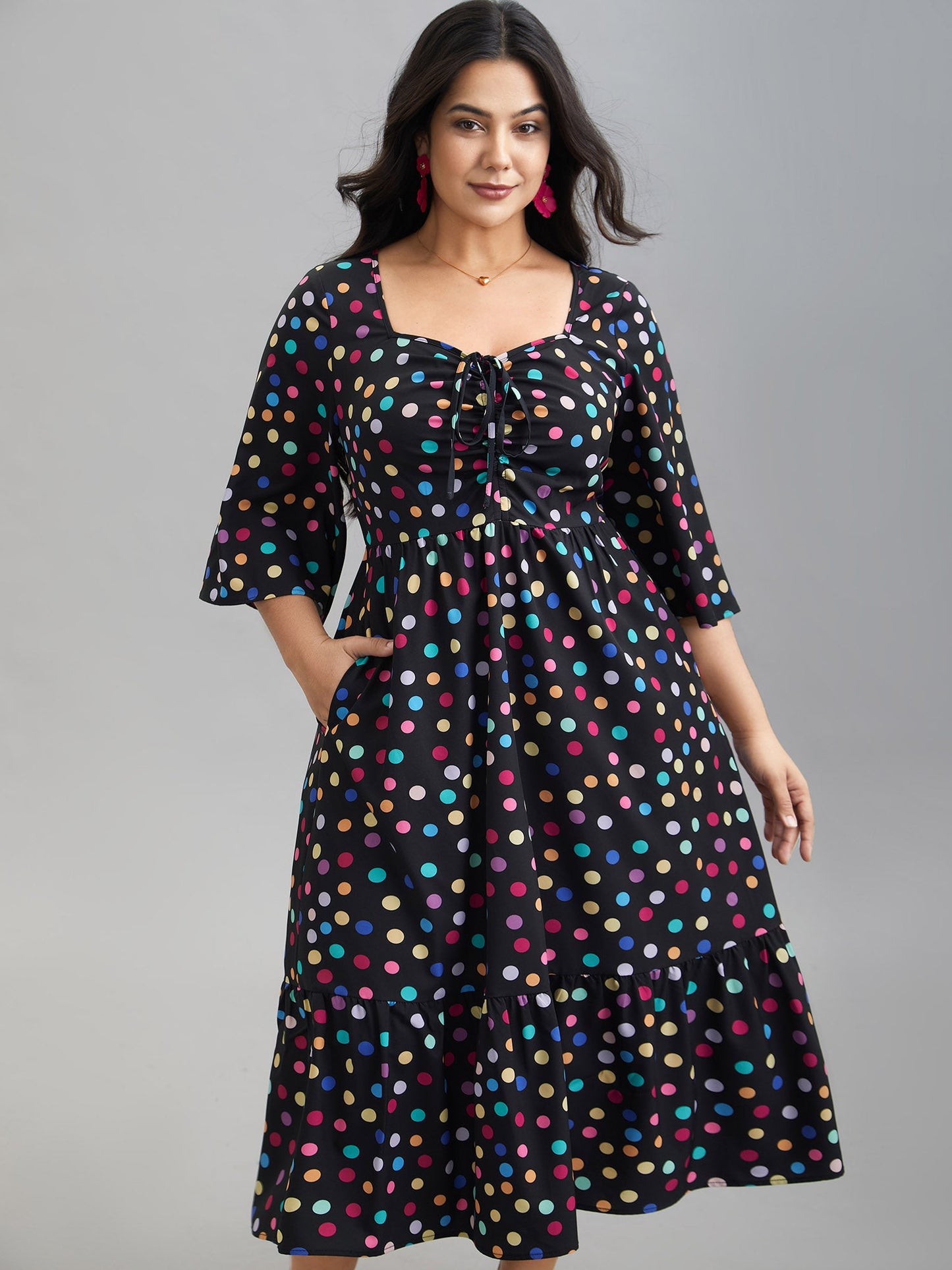 Multi-Color Dots Sweetheart Neckline Midi Dress