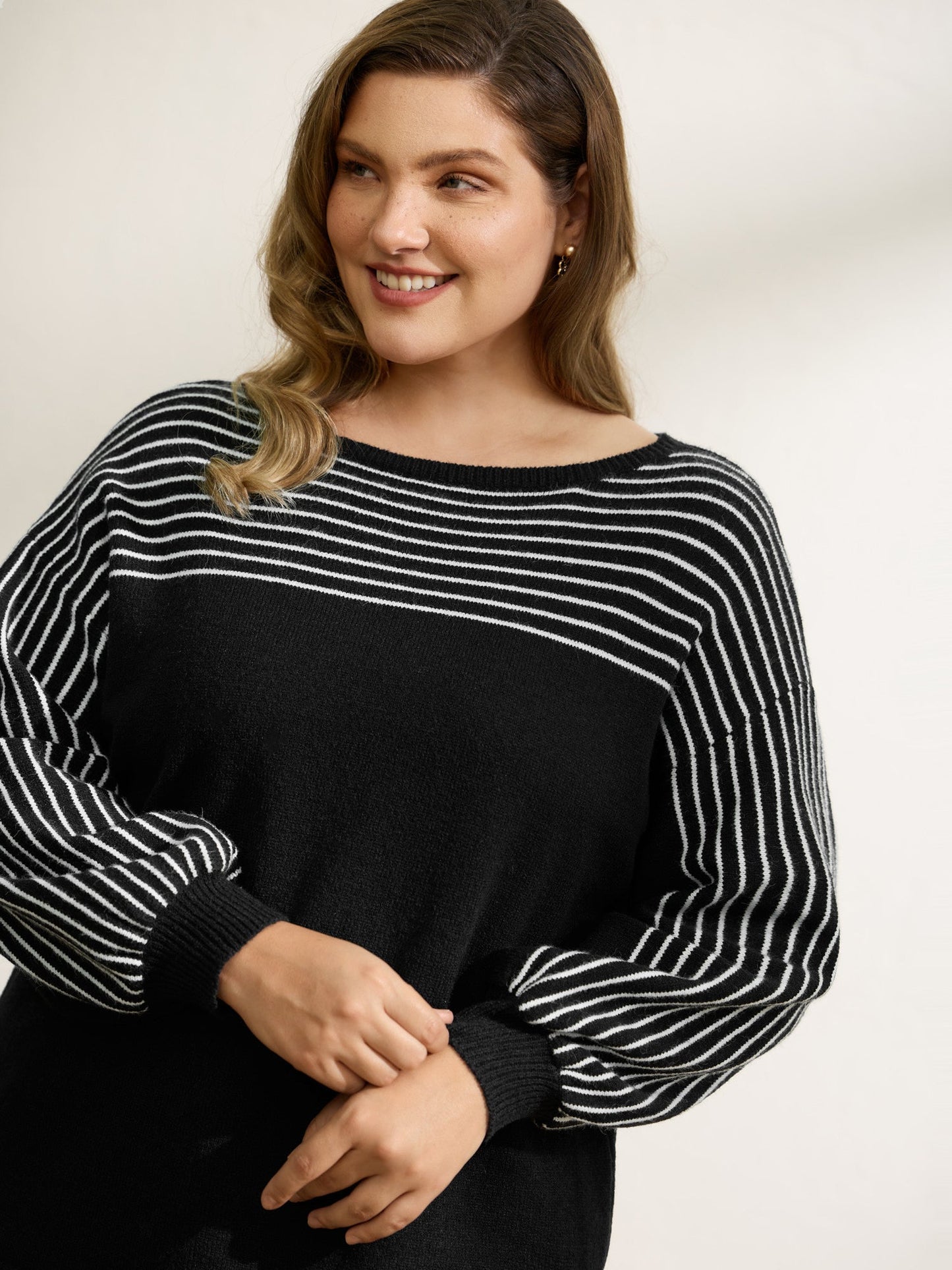 Stripe Boat Neck Balloon Sleeve Pullover