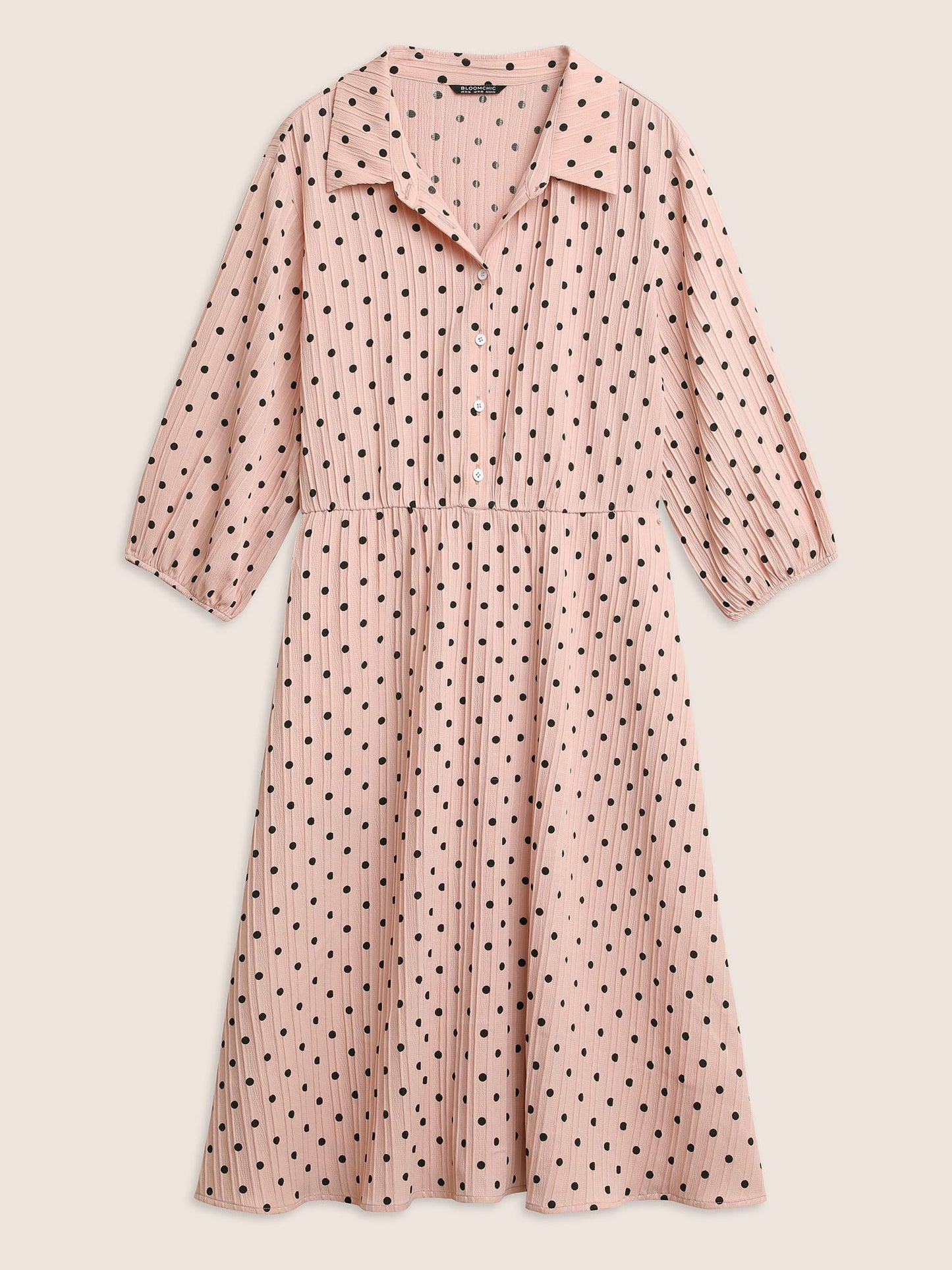 Polka Dot Textured Elastic Waist Button Up Dress