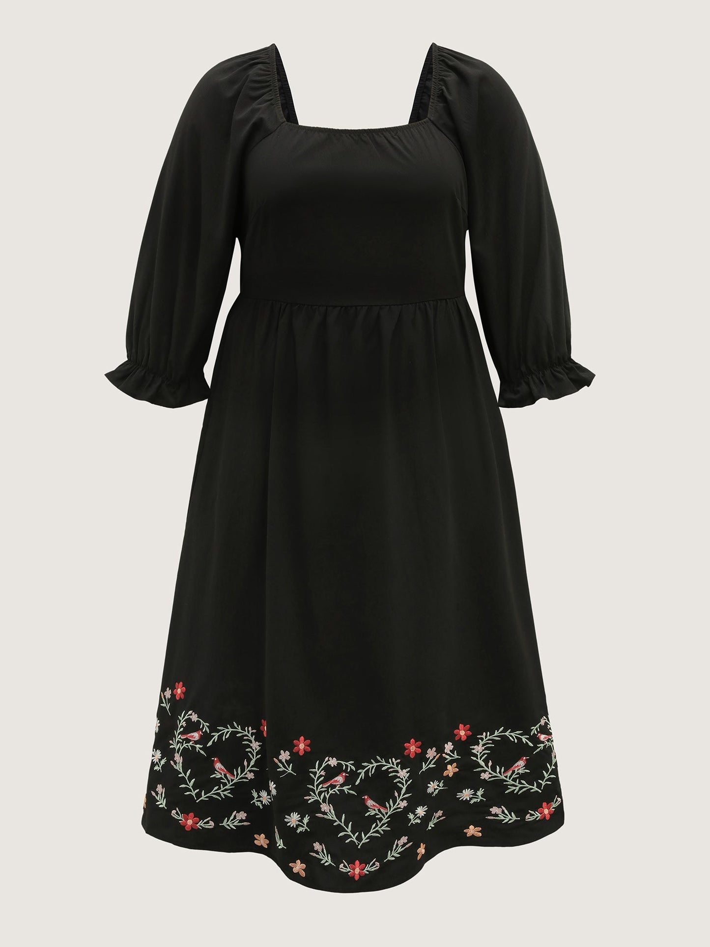 Floral Embroidery Puff Sleeve Midi Dress