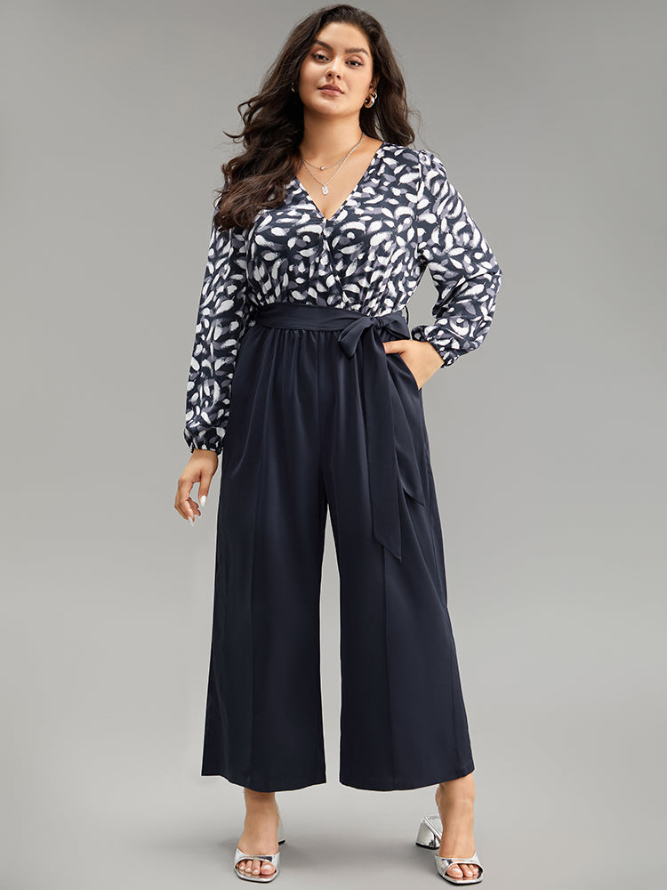 Brush Print Patchwork Wrap Belted Jumpsuit