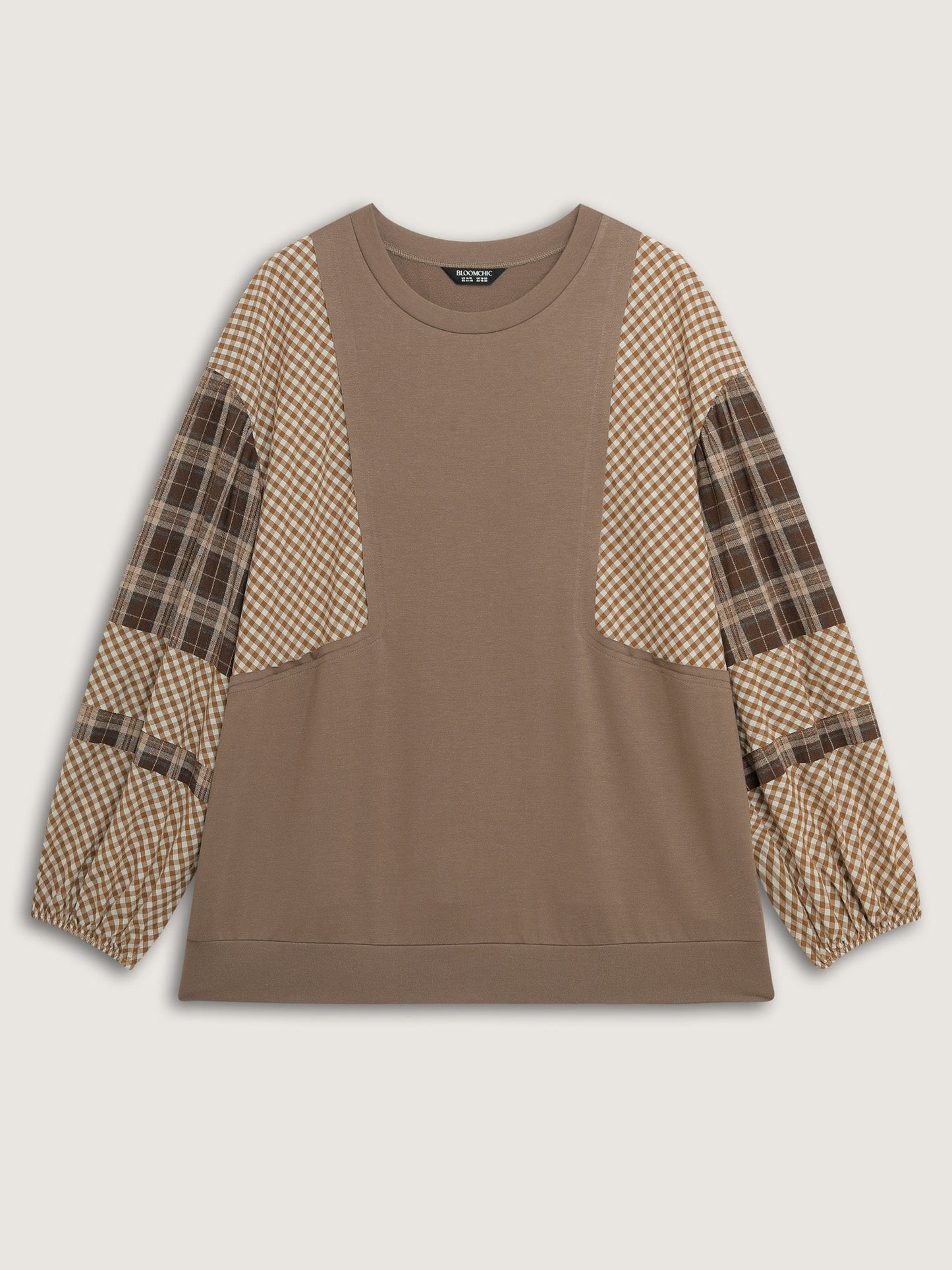 Plaid Contrast Sleeve Stretchy Hem Sweatshirt