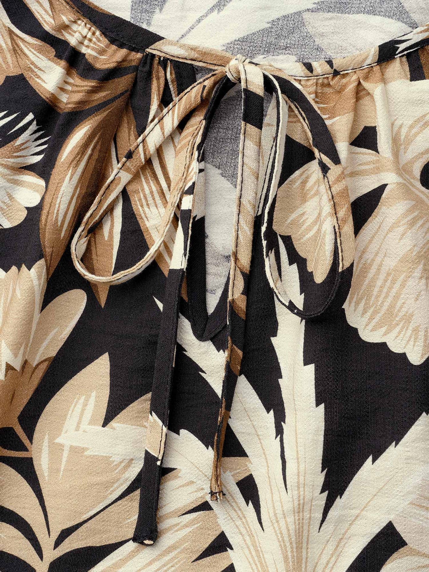 Tropical Leaf Print Neck-Tie Tiered Midi Dress