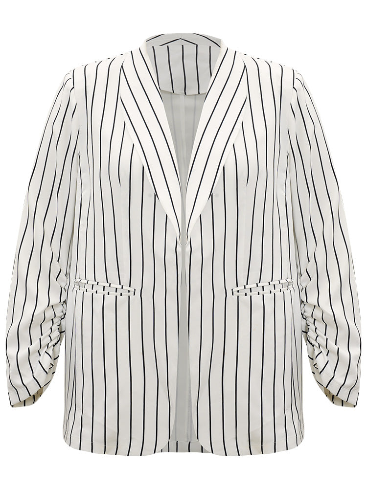 Striped Pocket Gathered Lapel Collar Blazer