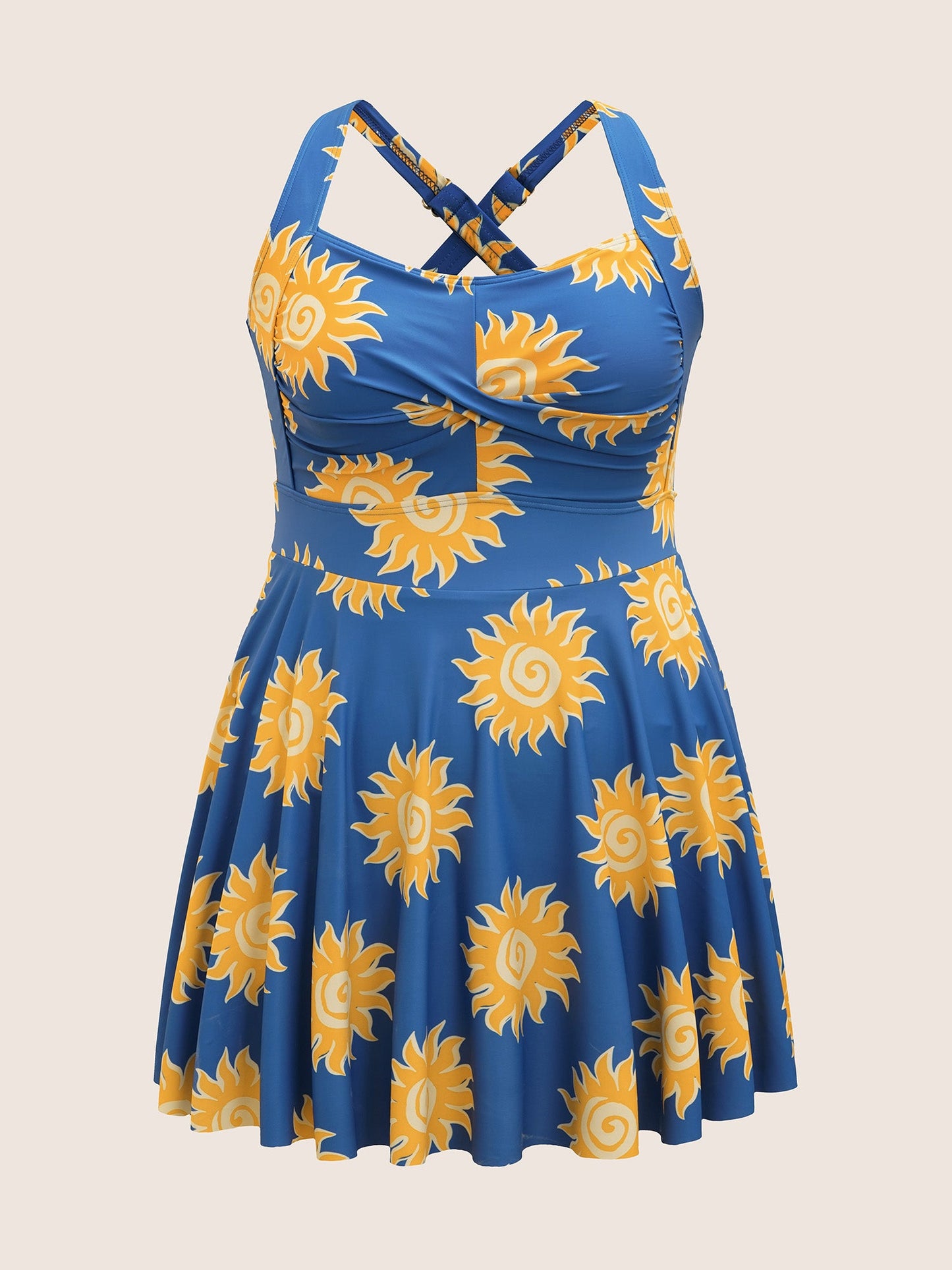 Heart Neckline Sun Print Crossover Swim Dress
