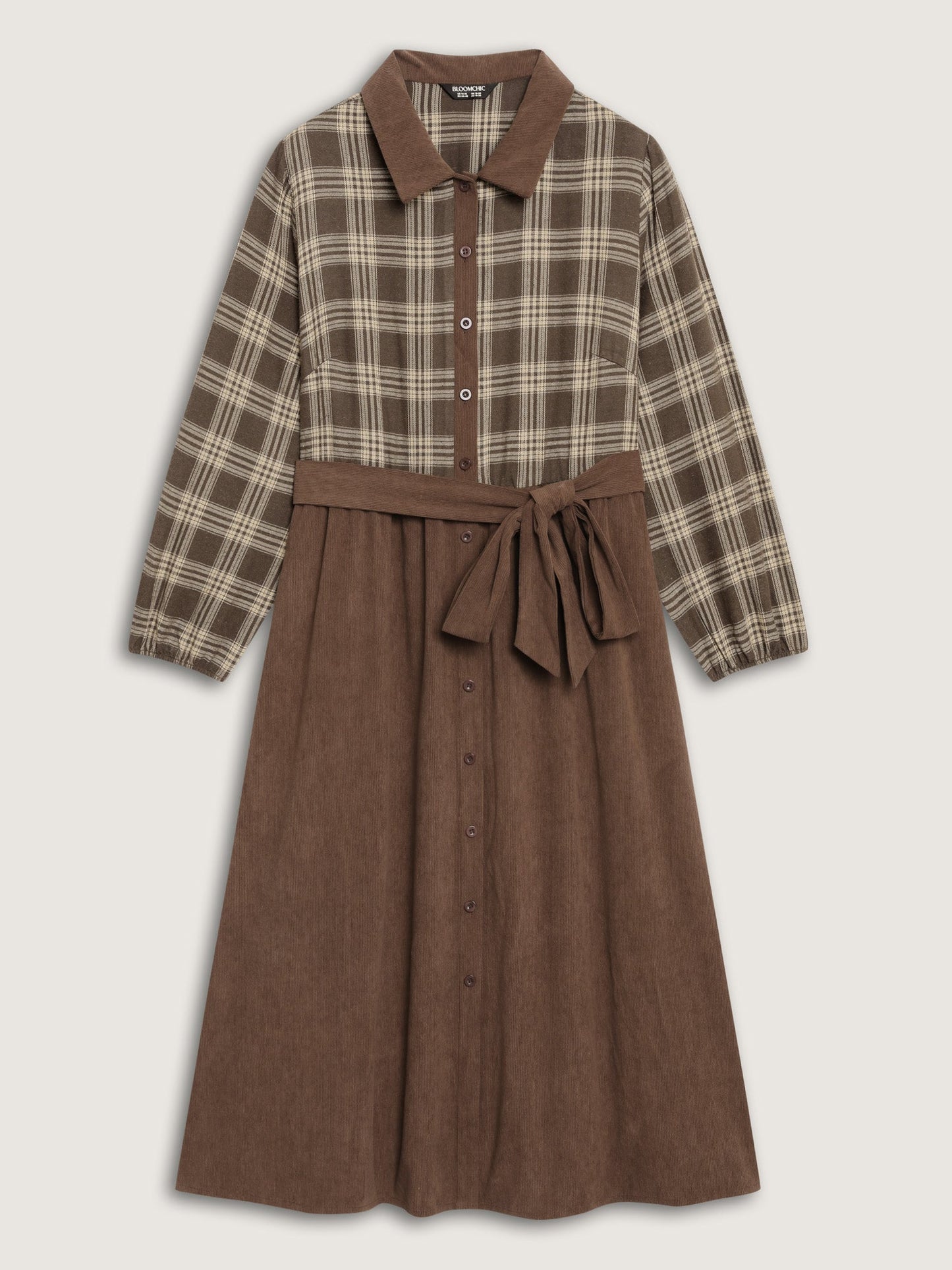 Plaid Pattern Contrast Waist-Tie Midi Dress