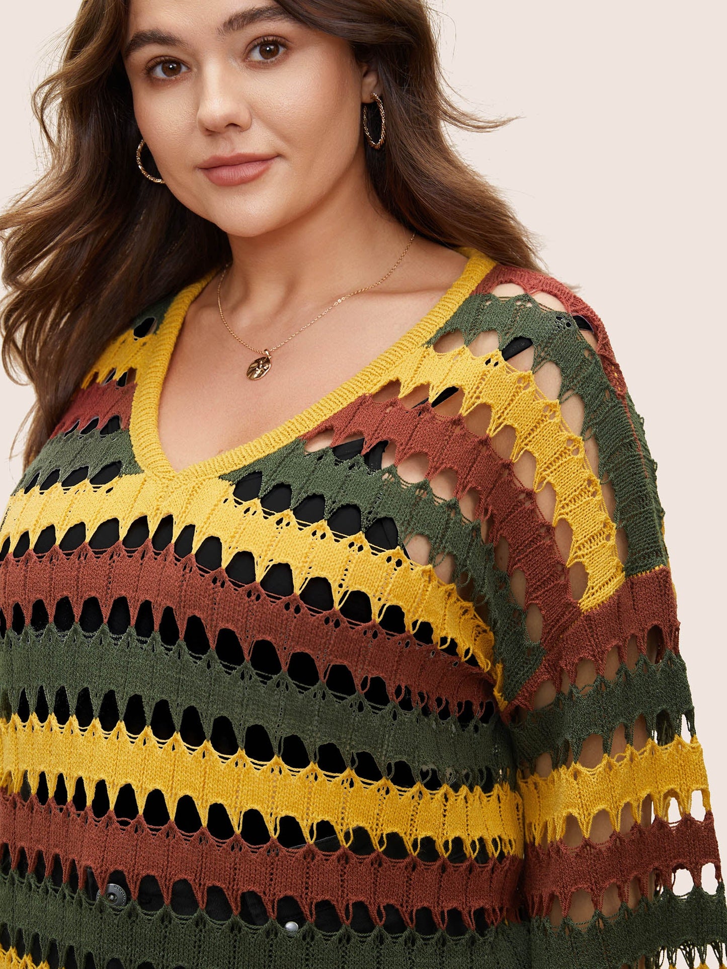 Deep V Neck Cut Out Stripes Contrast Pullover