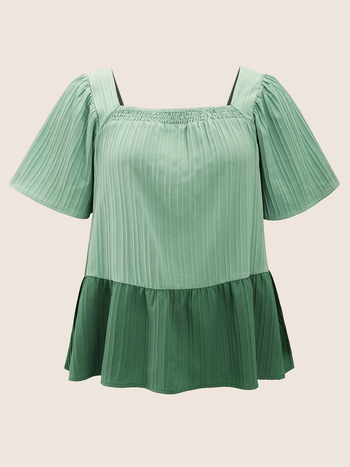 Two Tone Textured Shirred Patchwork Ruffles Hem Blouse
