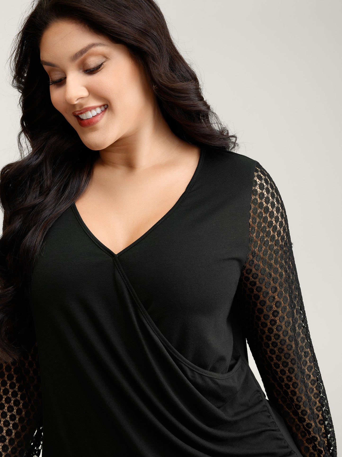Crossover Draped Lace Sheer Sleeve Knit Top