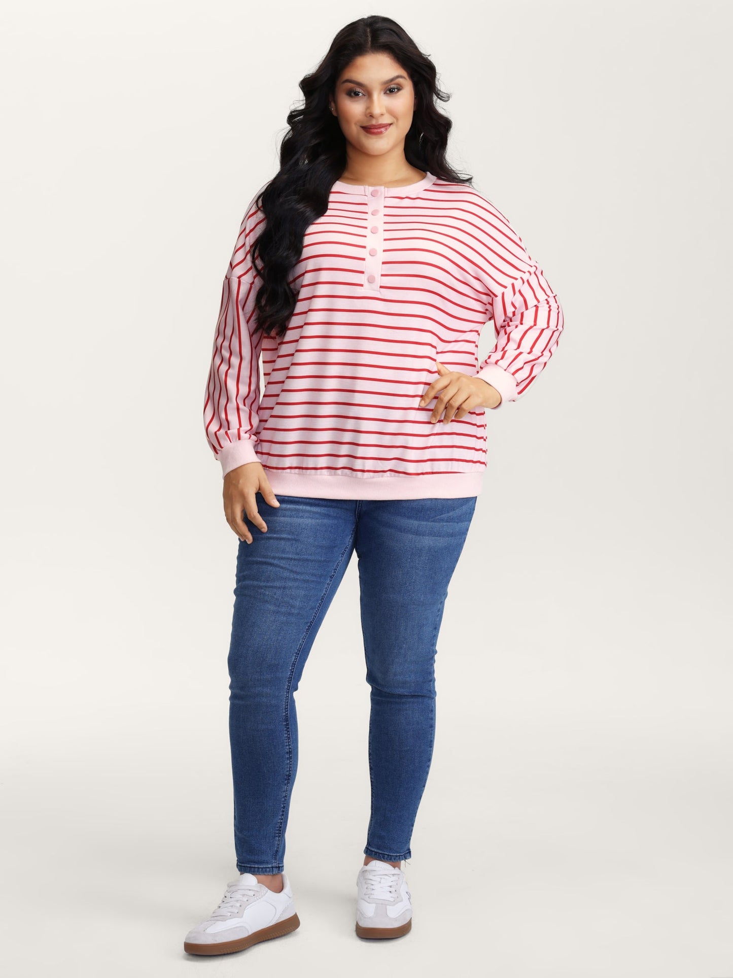 Stripe Snap Button Round Neck Sweatshirt