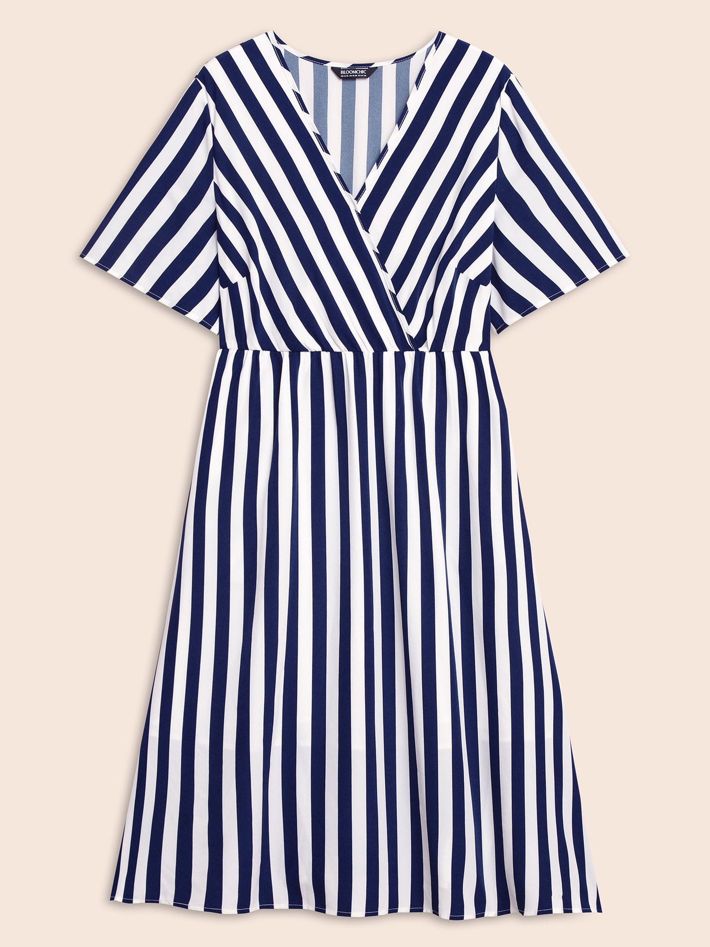 Striped Overlap Collar Ruffle Sleeve Midi Dress