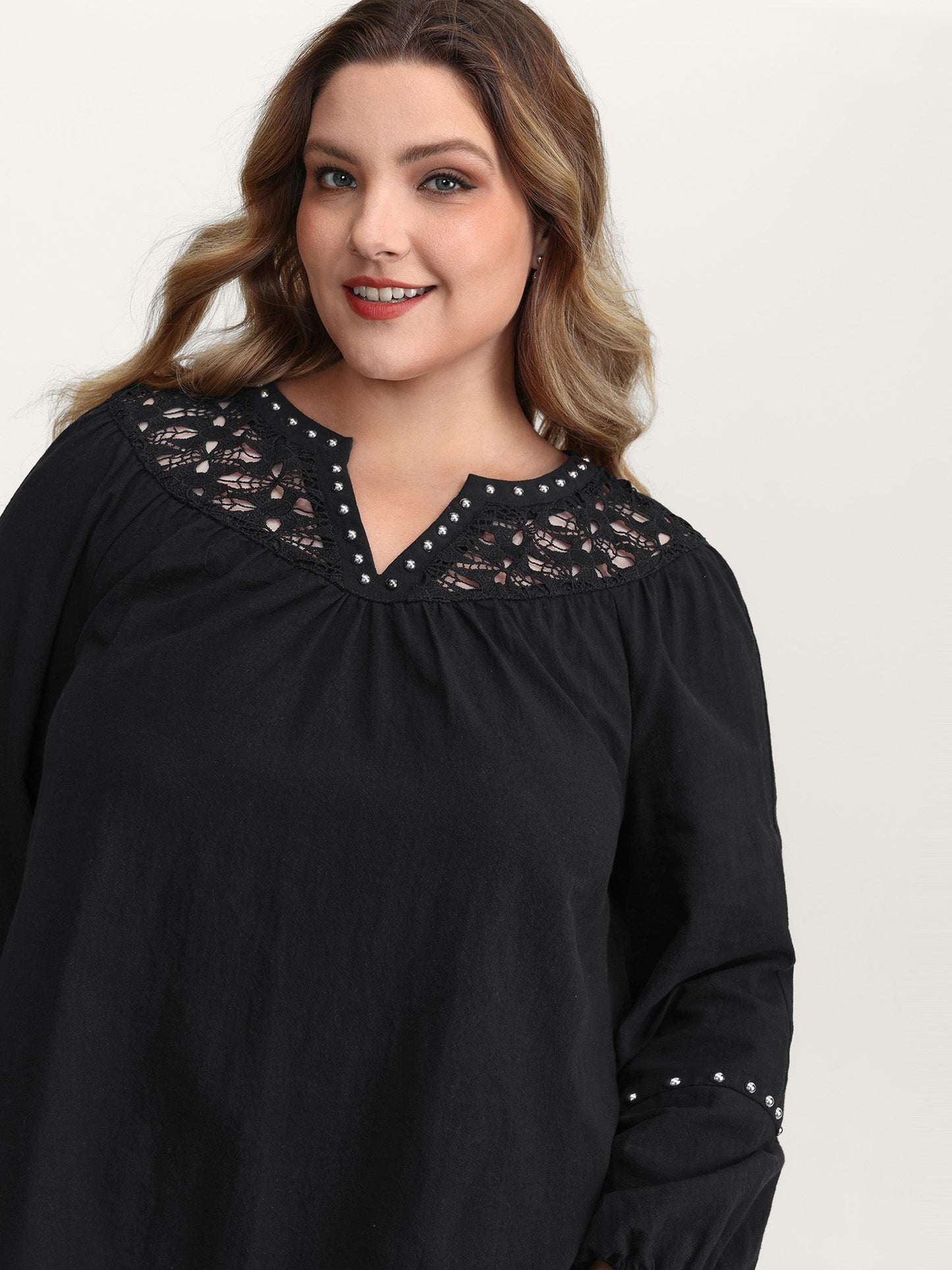 Lace Trim Rivets Cut-Out Blouse