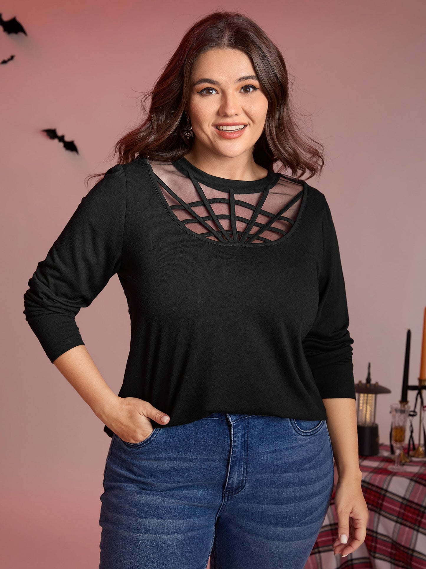 Spiderweb Cut-Out Neckline Fitted T-Shirt