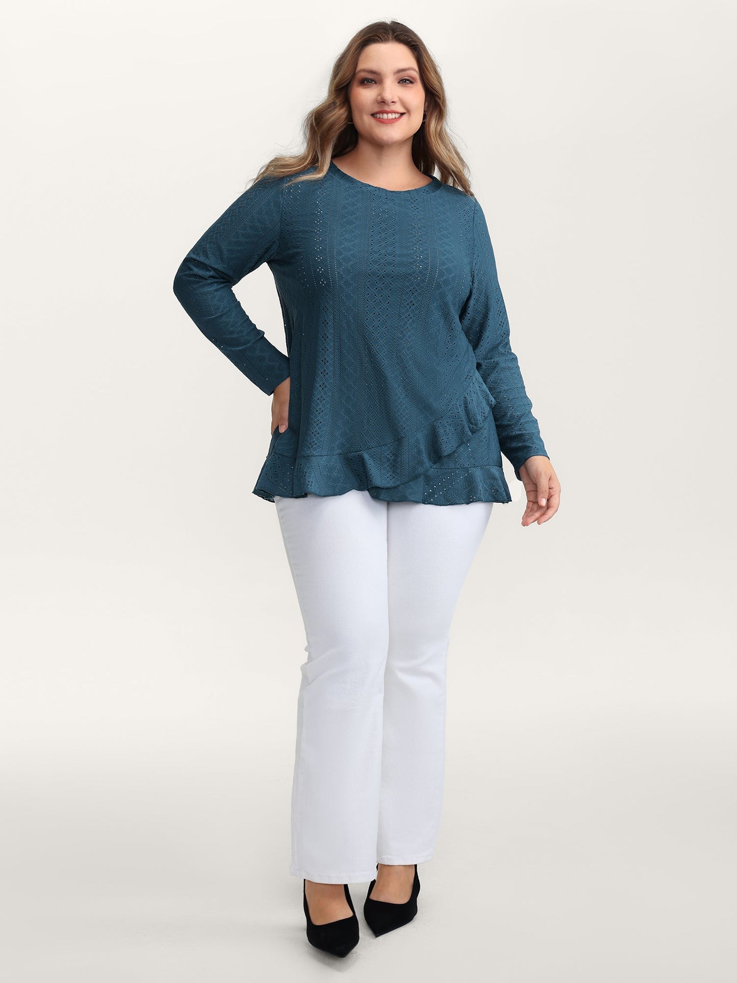 Eyelet Trim Overlap Ruffled Hem T-Shirt