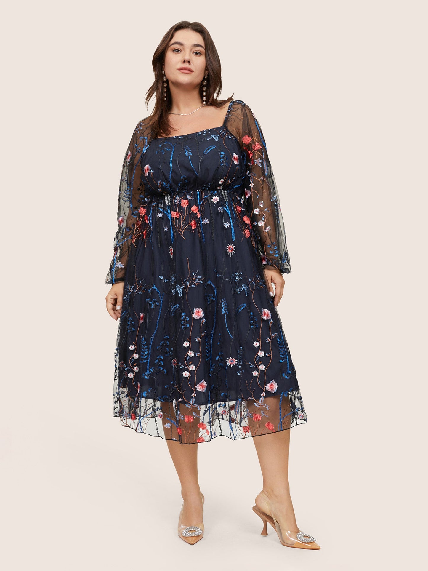 Square Neck Embroidered Lace Mesh Lantern Sleeve Dress