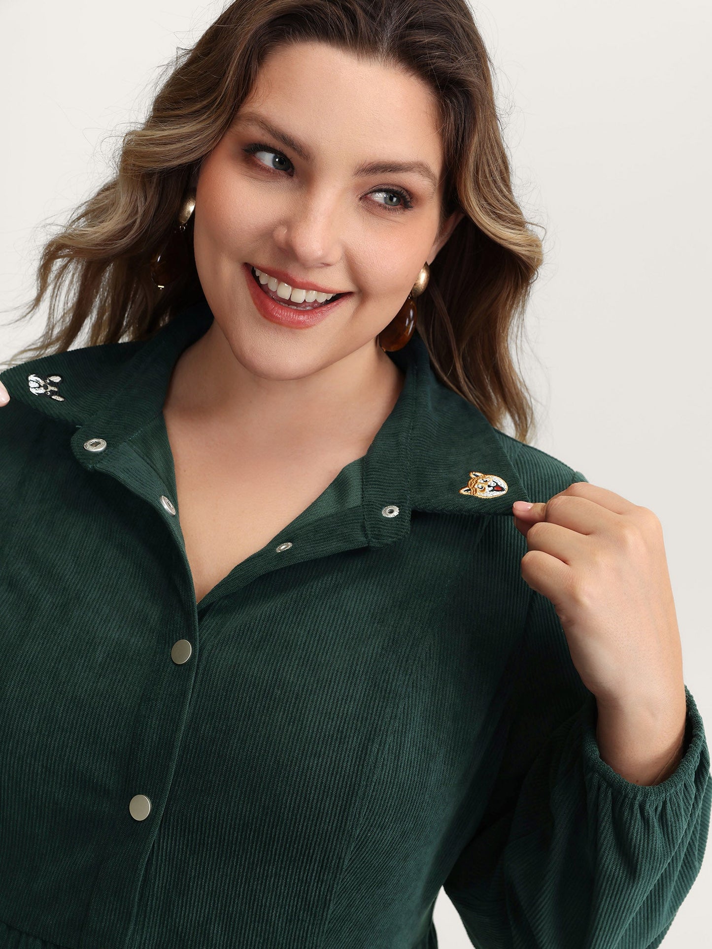 Corduroy Embroidered Midi Shirt Dress