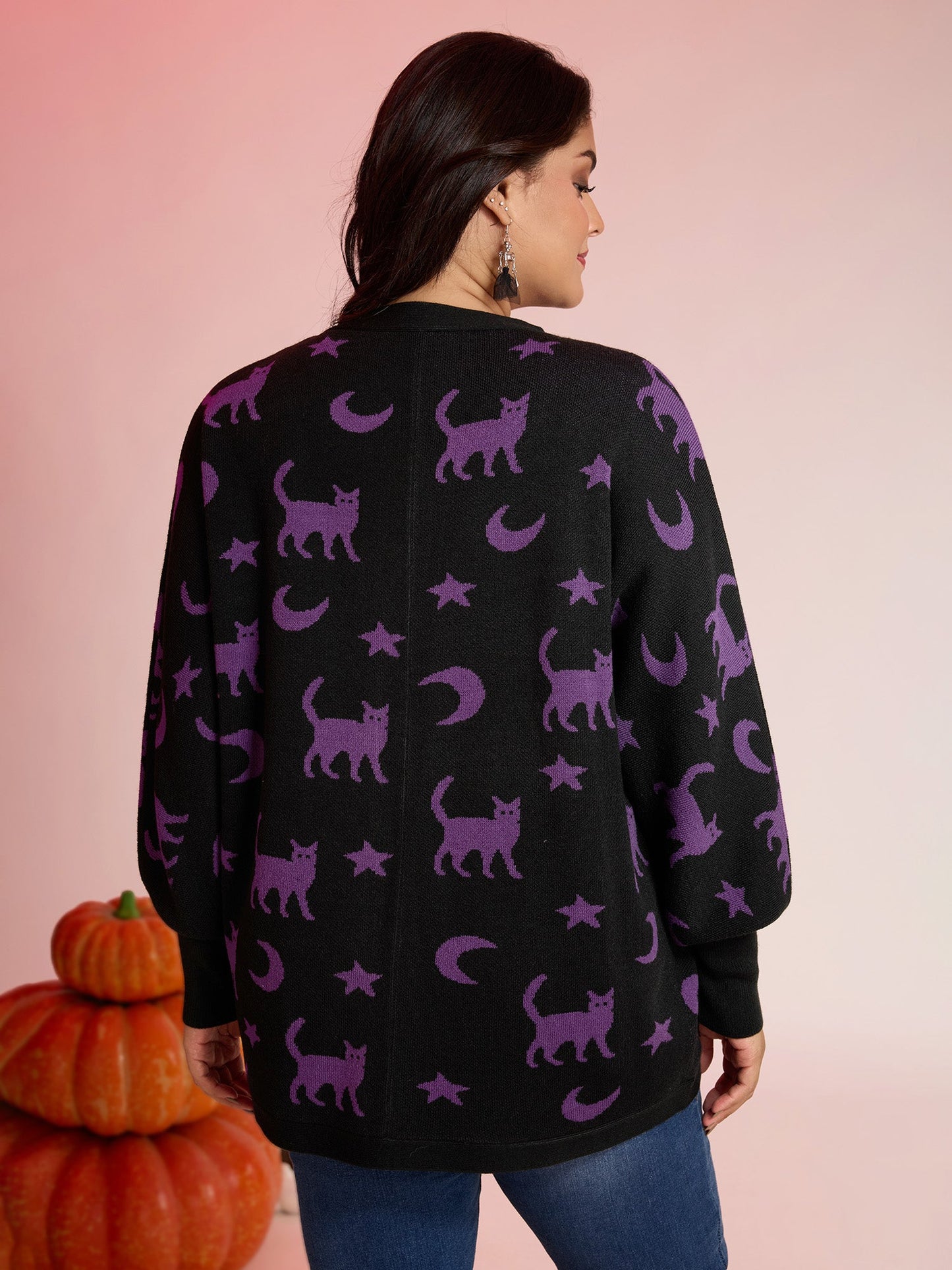 Halloween Jacquard Print Pockets Knit Cardigan