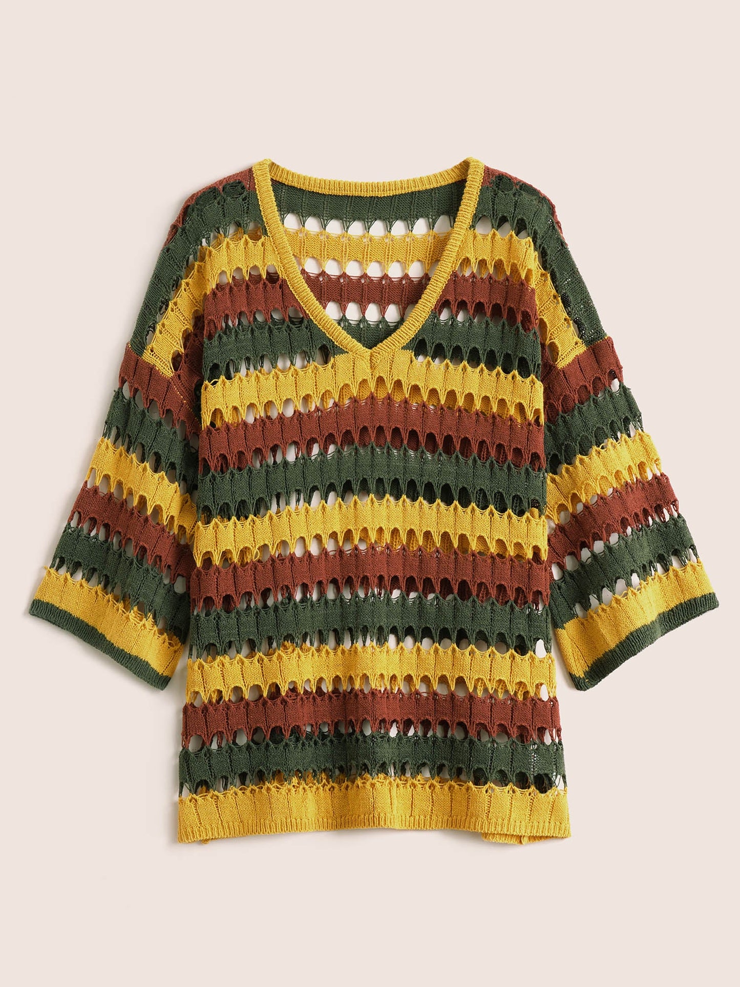 Deep V Neck Cut Out Stripes Contrast Pullover