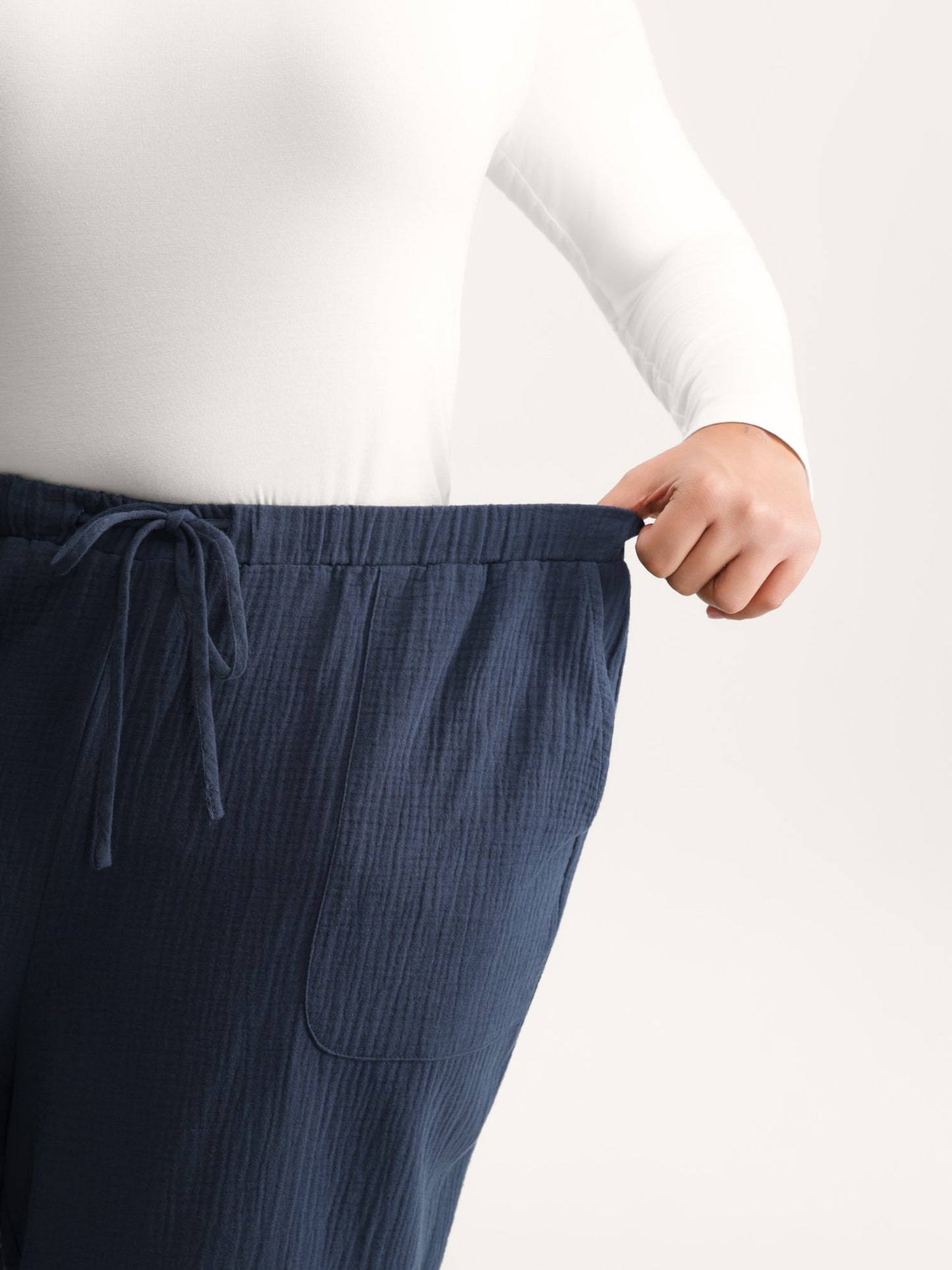 Cotton Textured Waist Drawstring Straight-Leg Pants